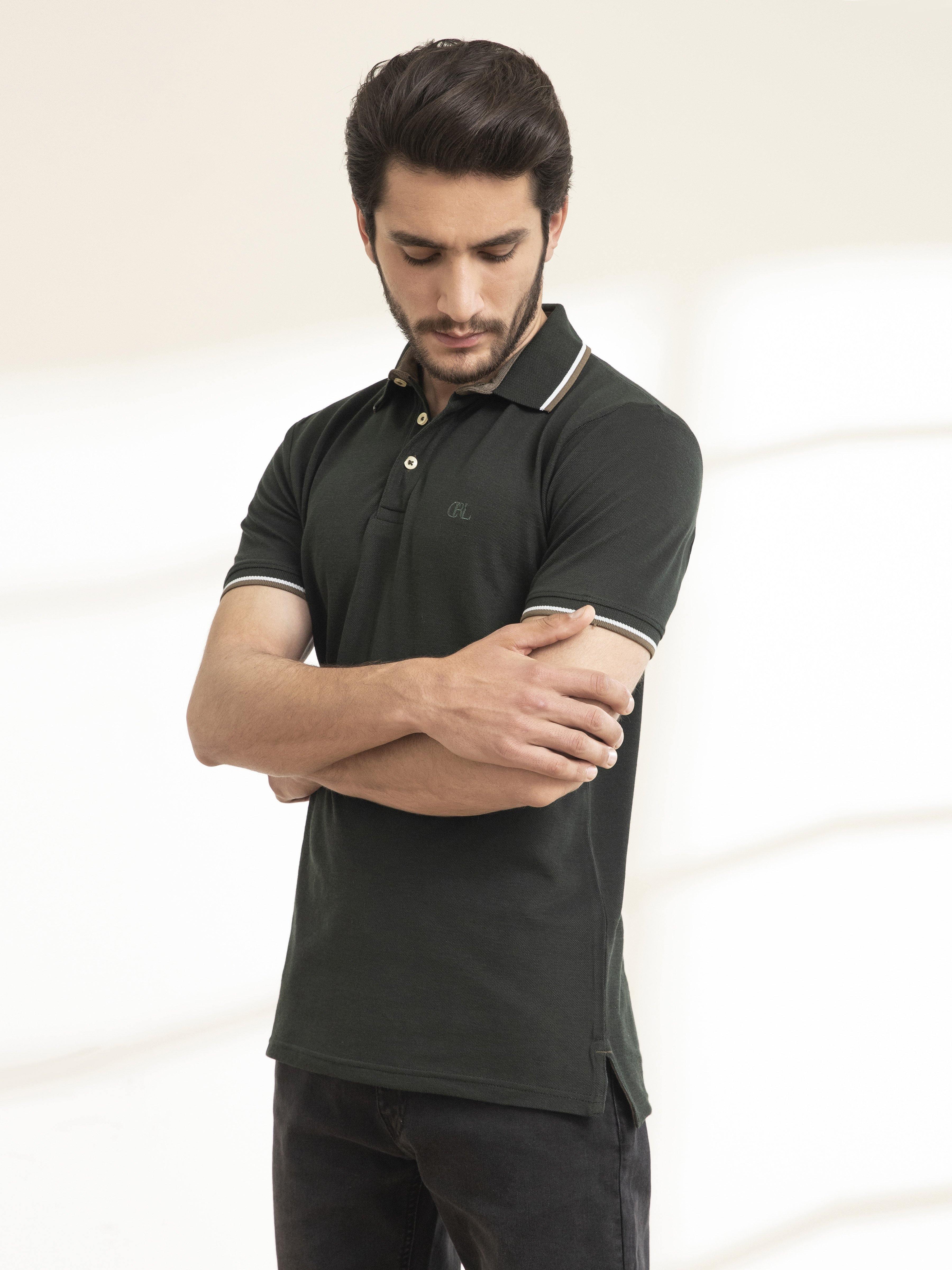 POLO SHIRT TIPPING GREEN at Charcoal Clothing