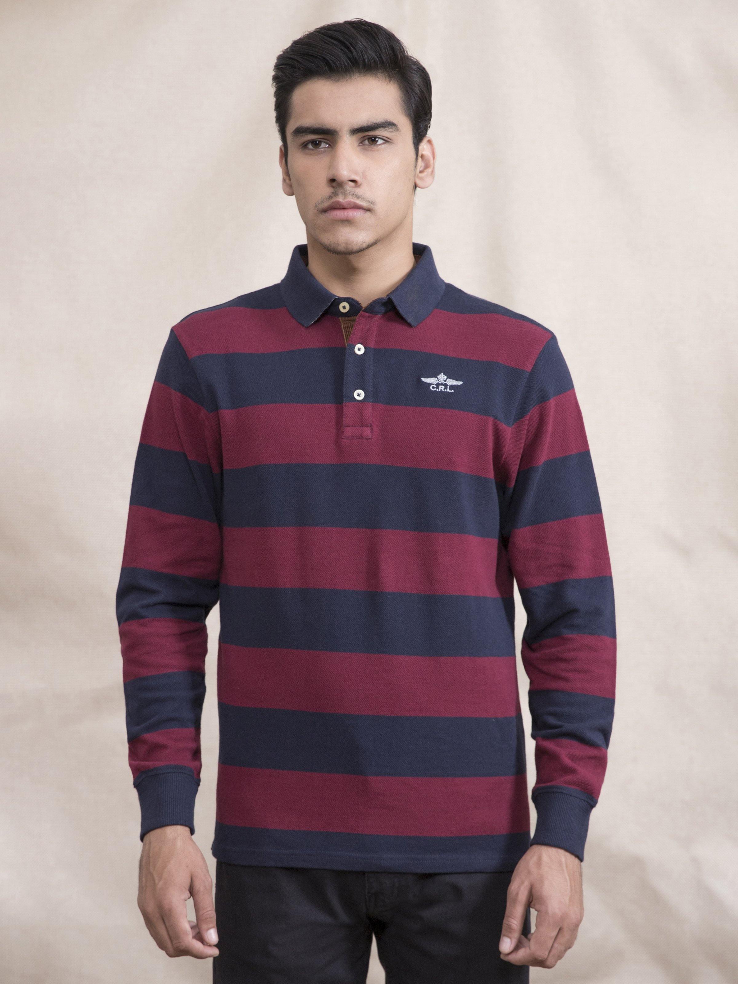 POLO SHIRT YARN/D FULL SLEEVE MAHROON NAVY at Charcoal Clothing
