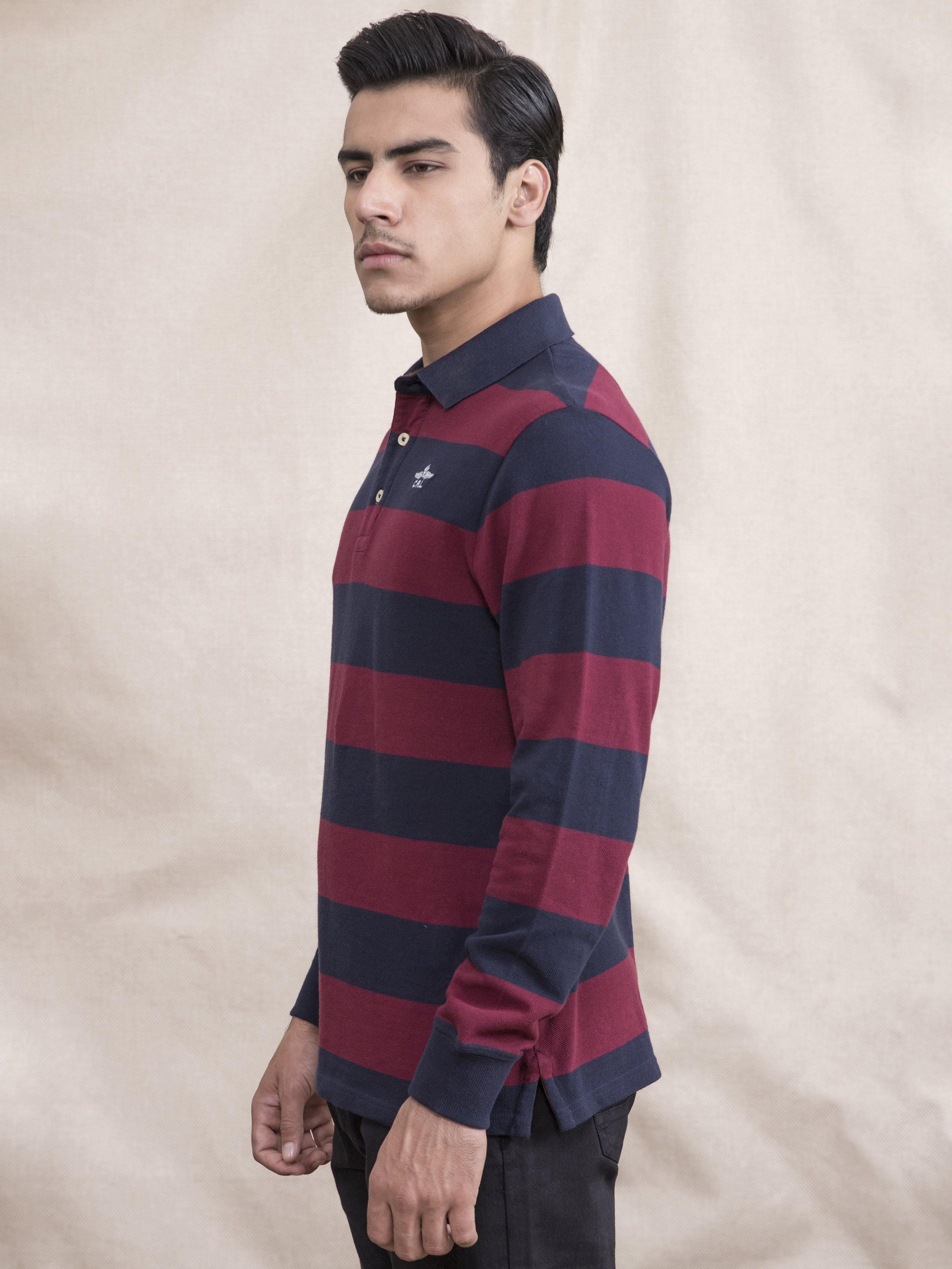 POLO SHIRT YARN/D FULL SLEEVE MAHROON NAVY at Charcoal Clothing