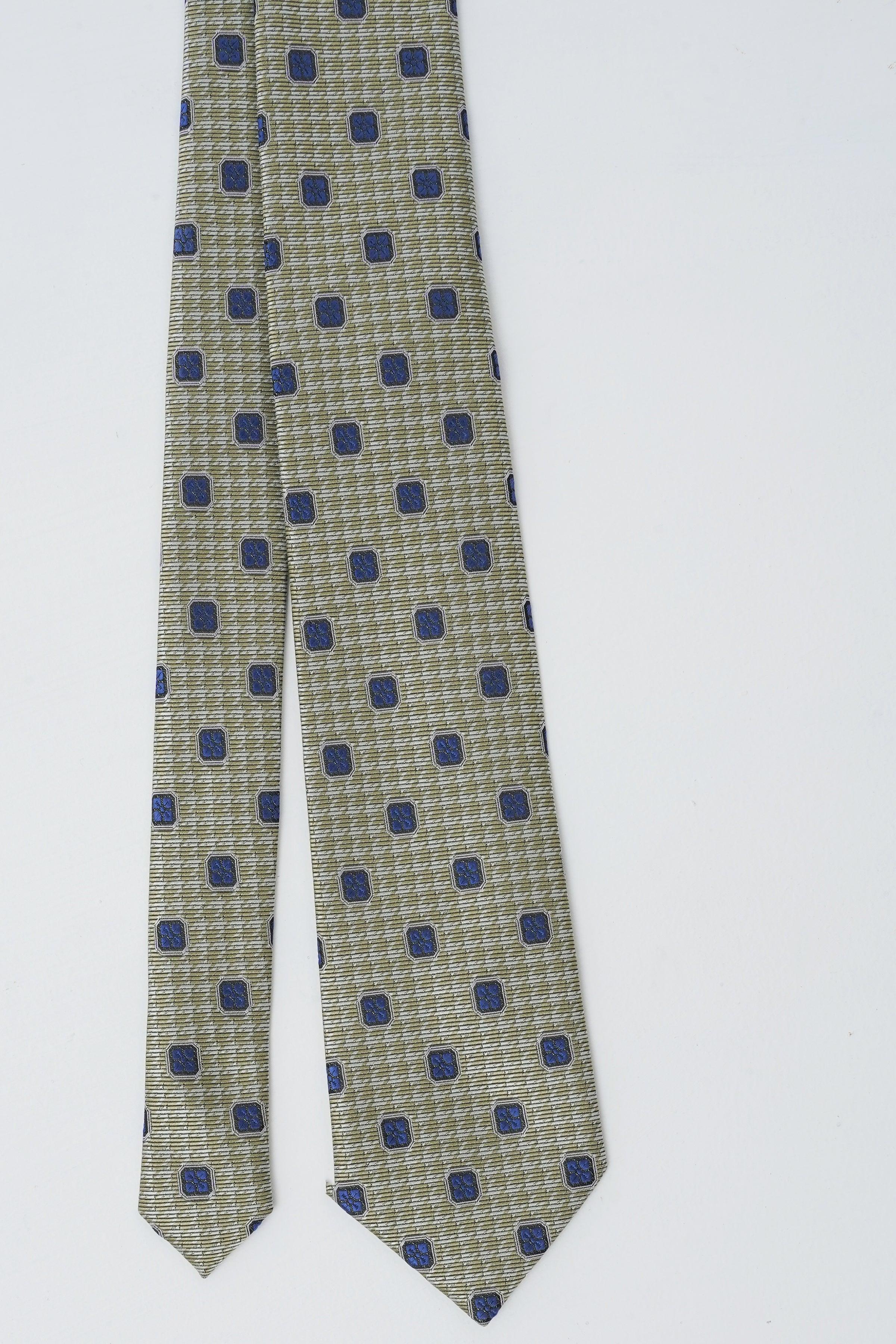 Poly silk tie in light green with navy square pattern, long length view