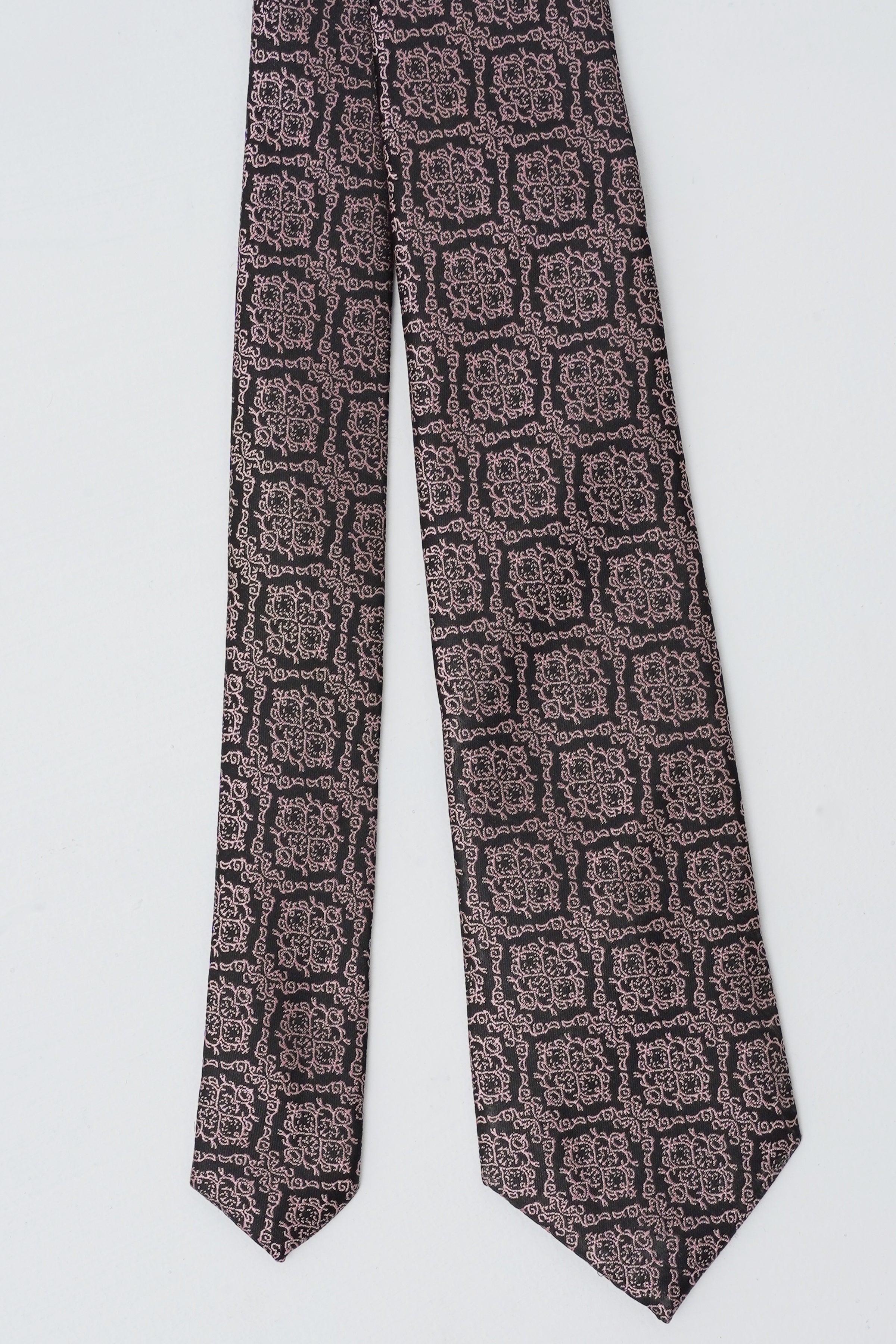 Charcoal poly silk tie with repeating square motif