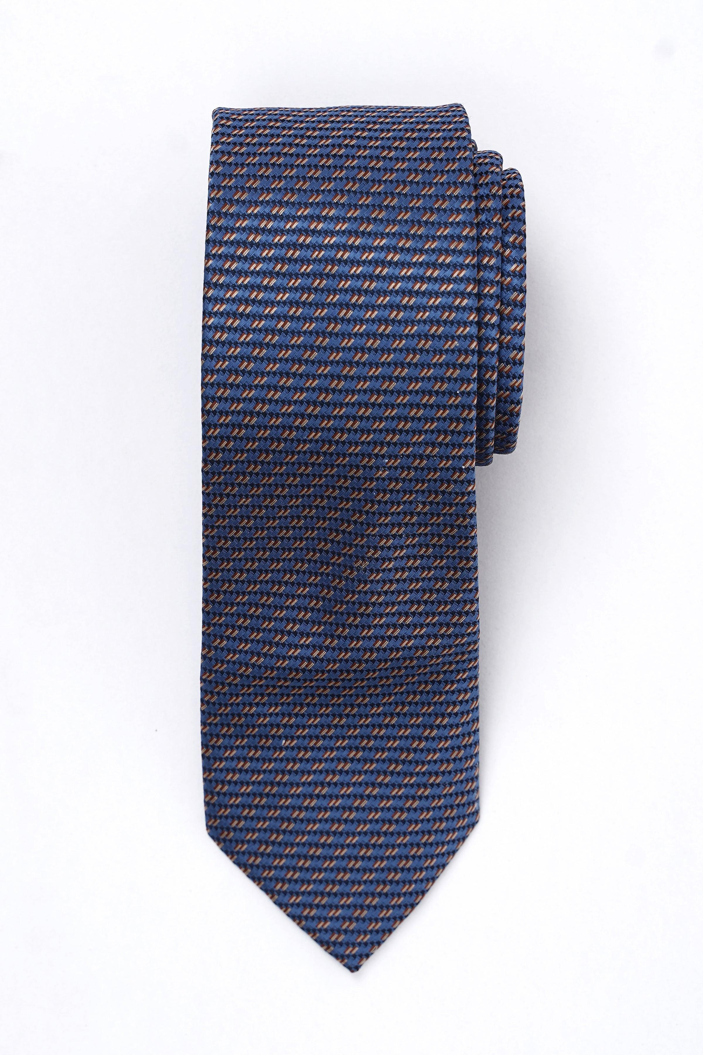 Poly silk tie, navy with orange micro-pattern, narrow woven texture