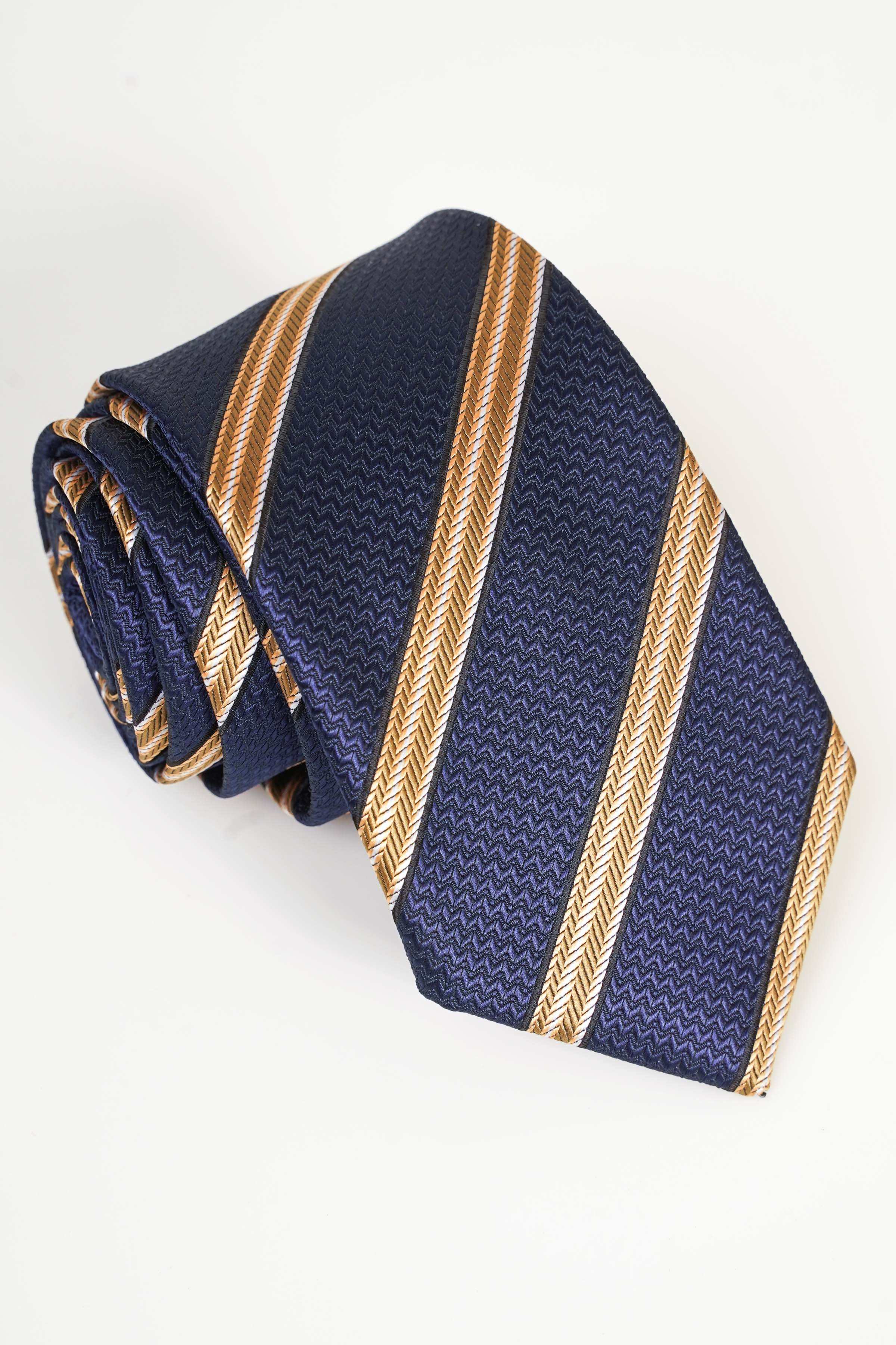 Navy striped necktie with gold diagonal stripes, rolled fold