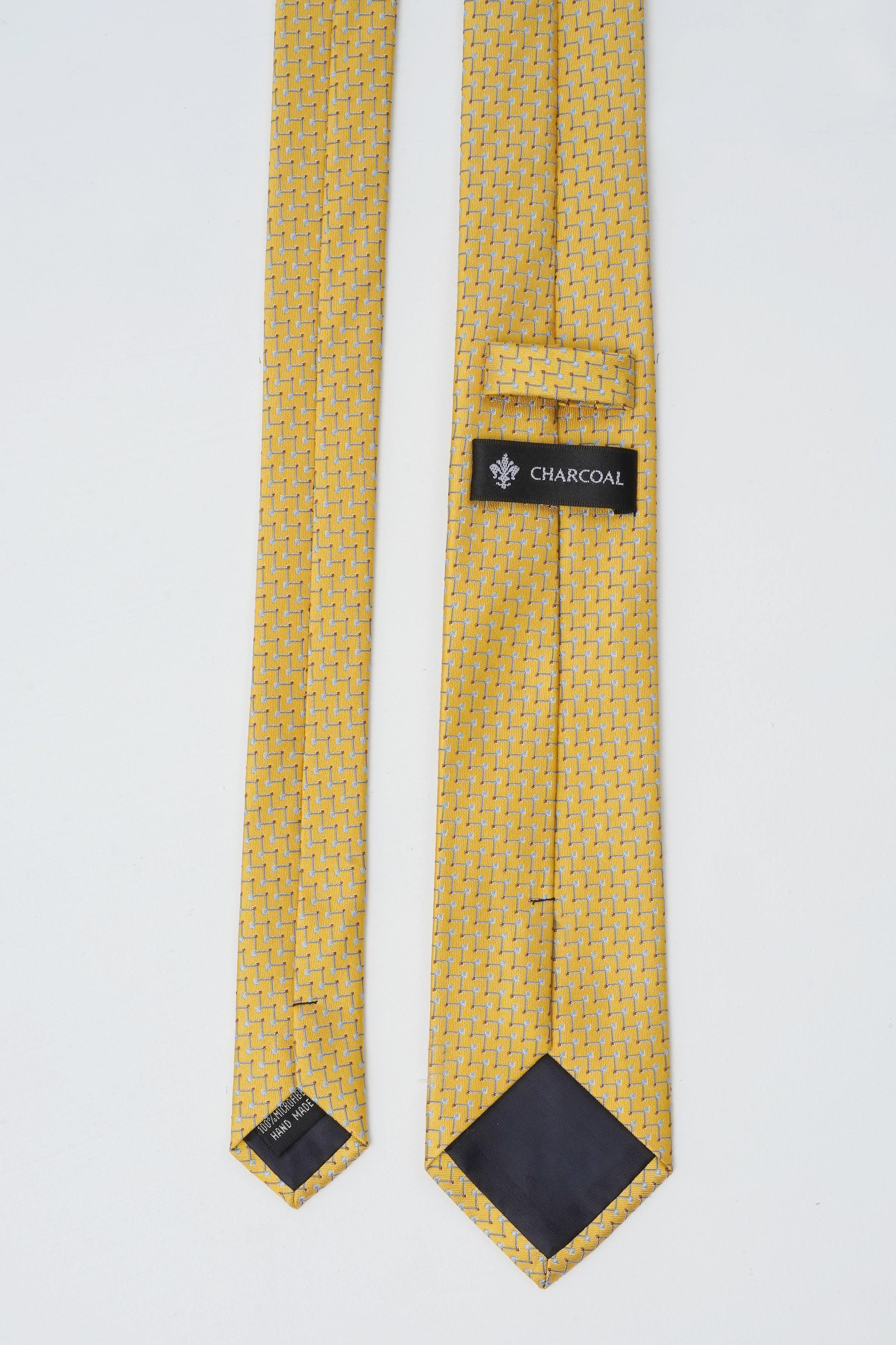 Poly silk tie with yellow geometric weave and dark charcoal keeper tab