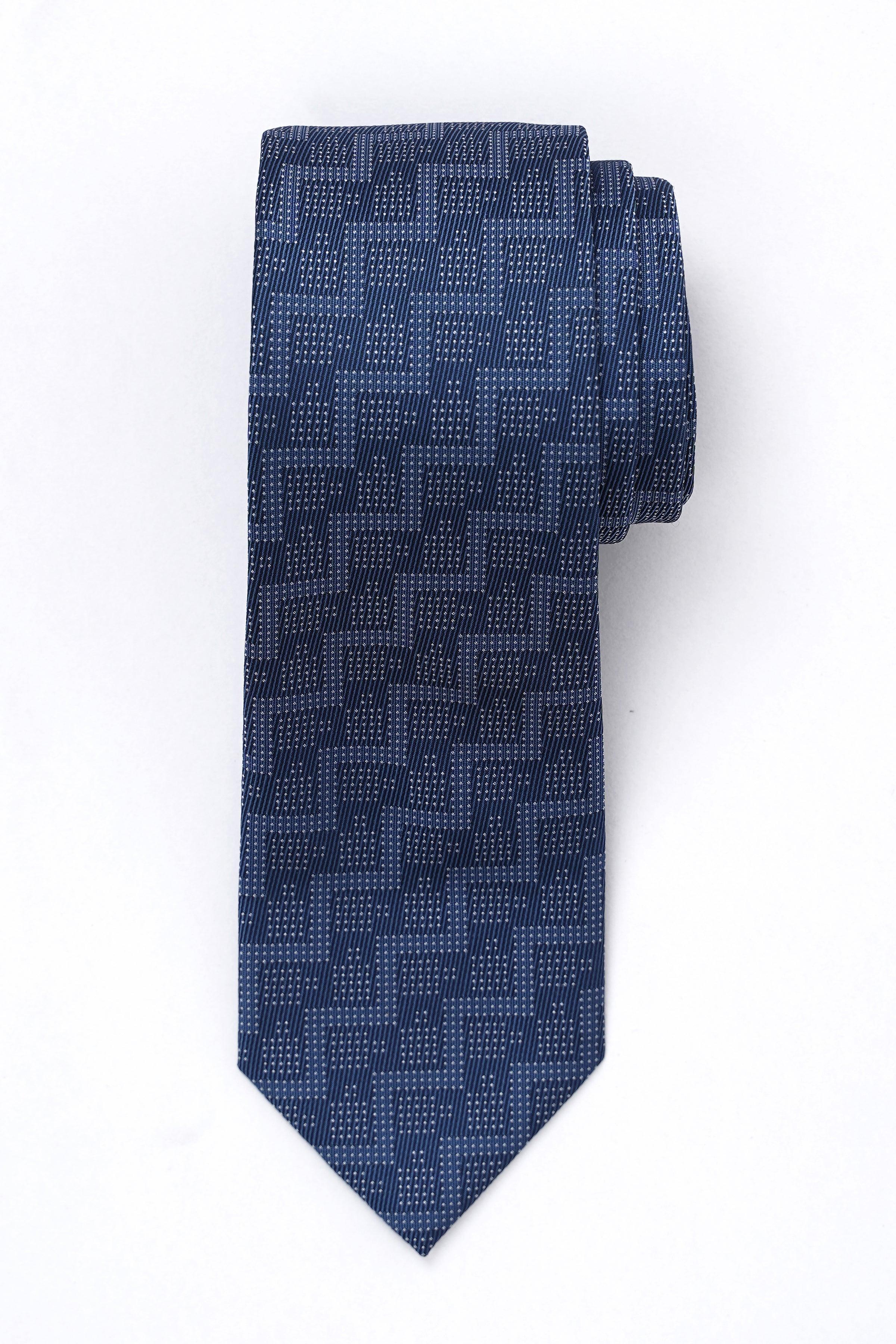 Navy blue poly silk tie with repeating square pattern, pointed end