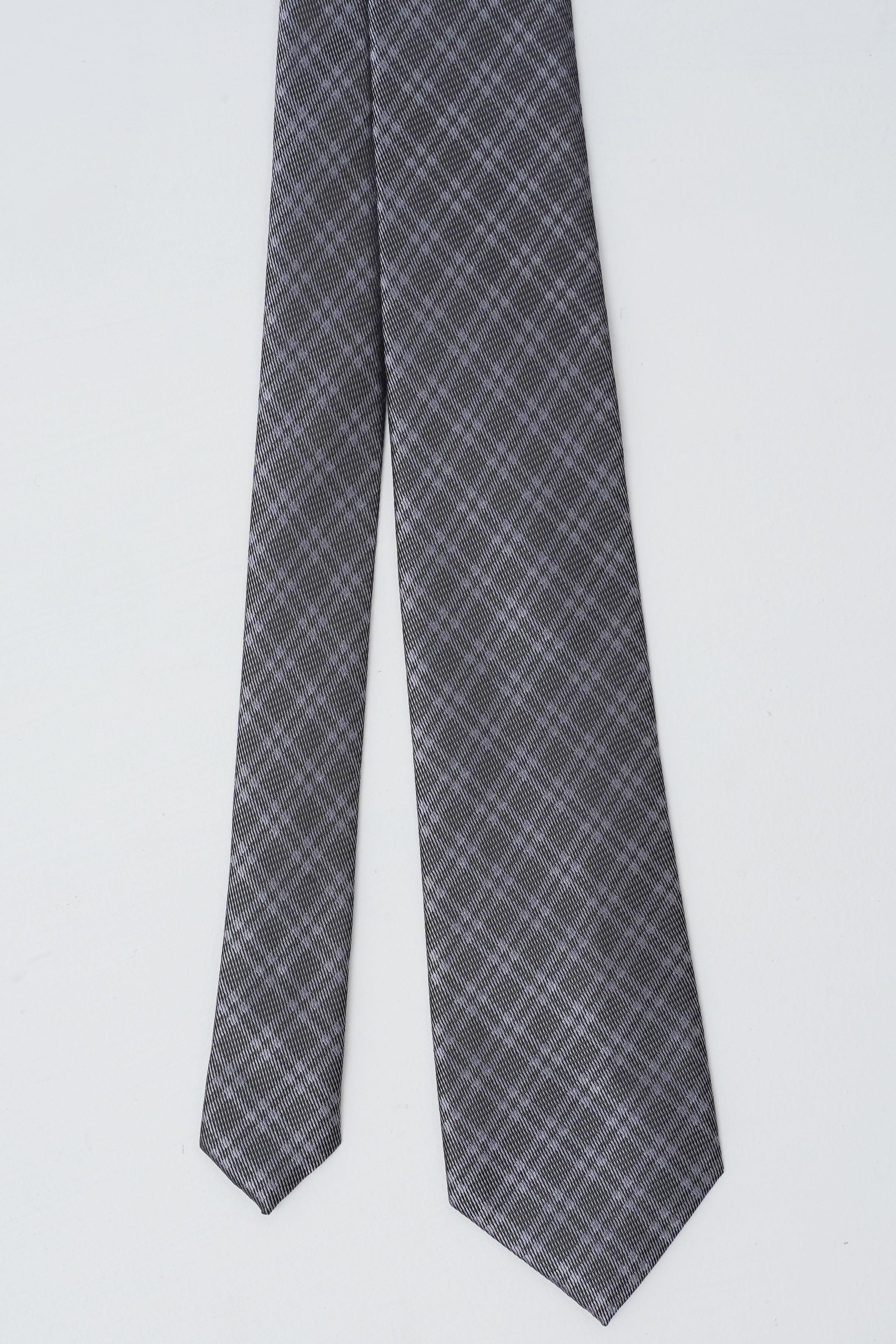 Charcoal gray poly silk tie with check plaid pattern, straight hanging view.