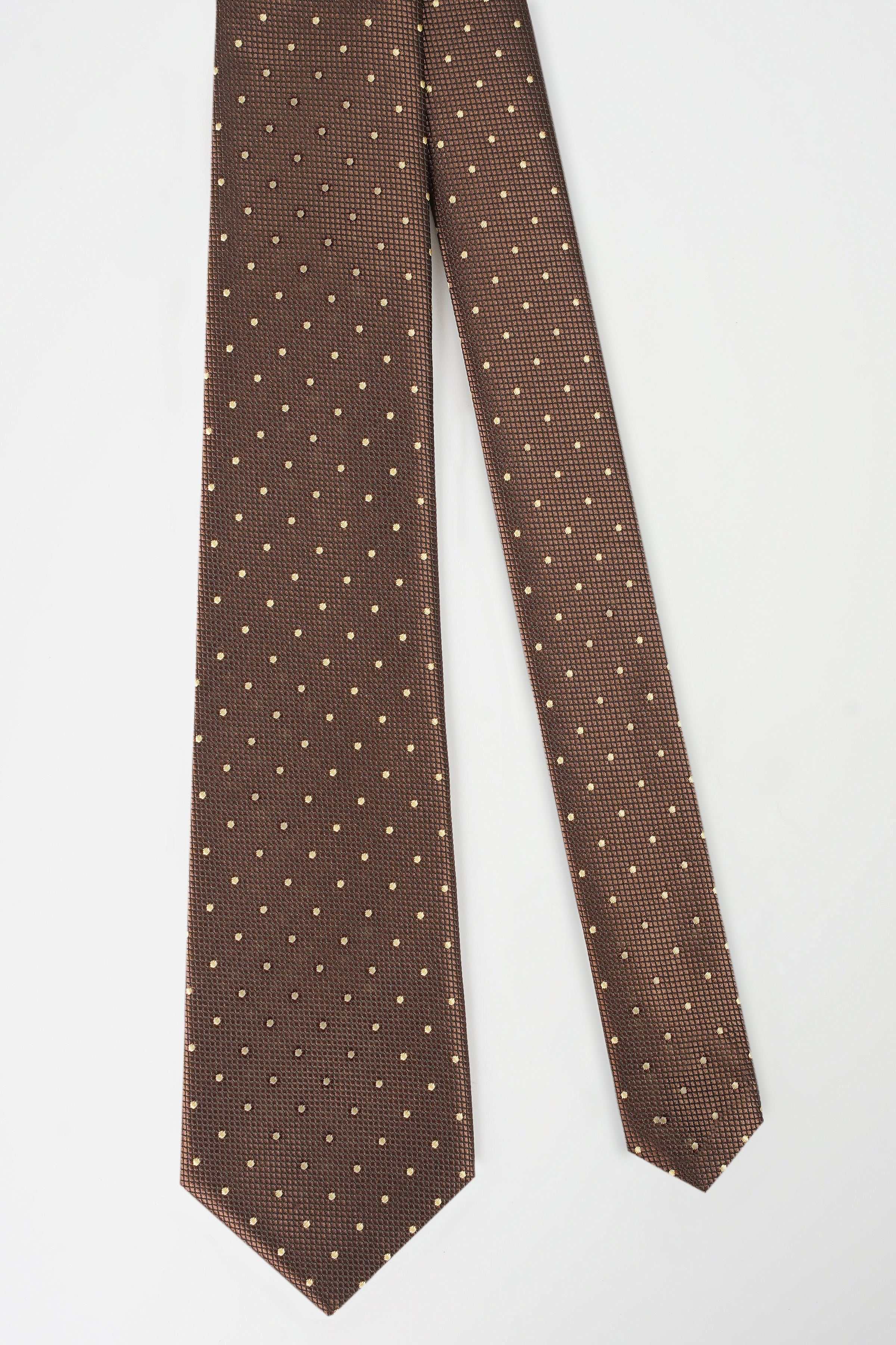 Brown necktie with scattered gold dots, straight hanging view