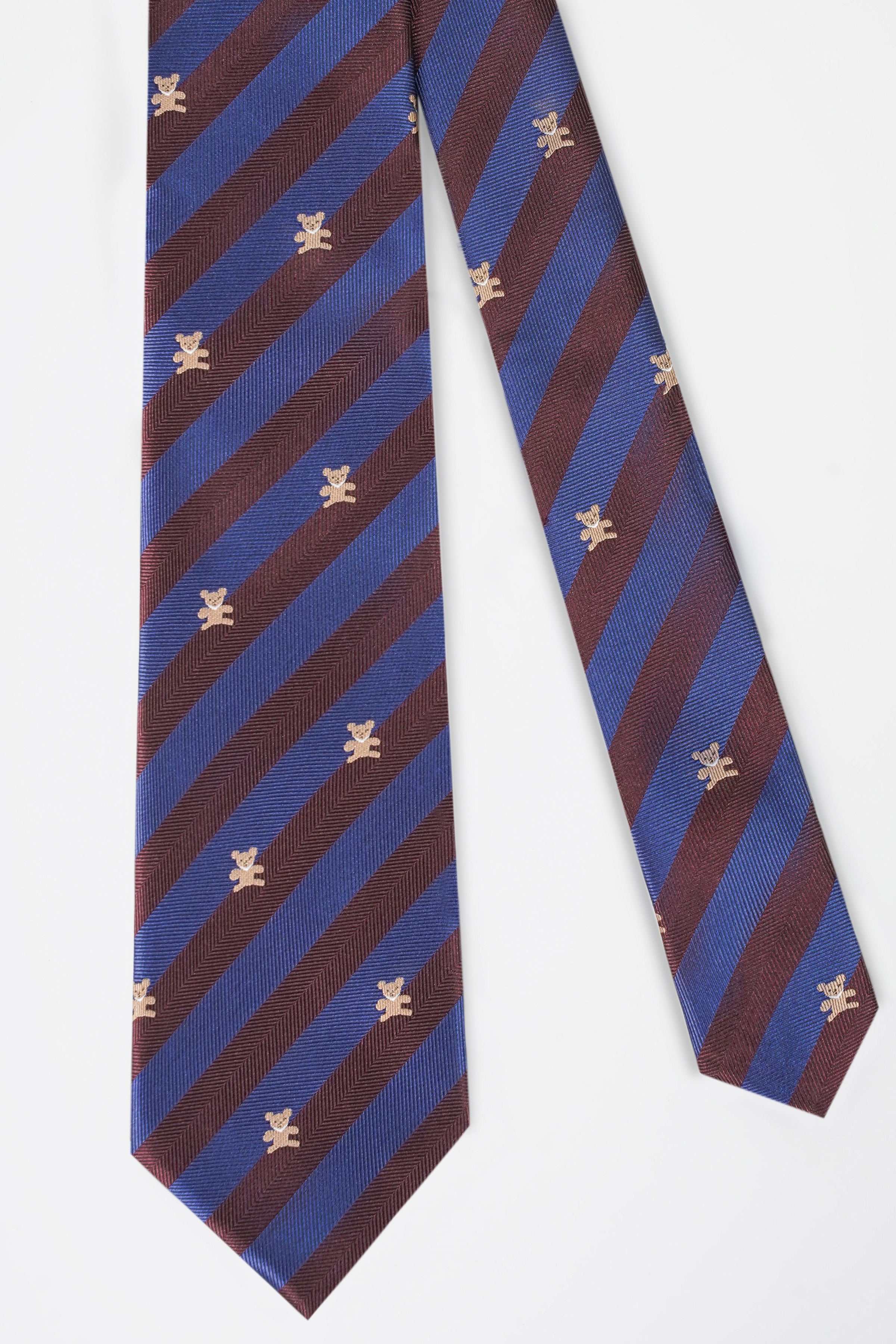 Hanging striped poly silk necktie with fleur-de-lis motifs, blue and brown