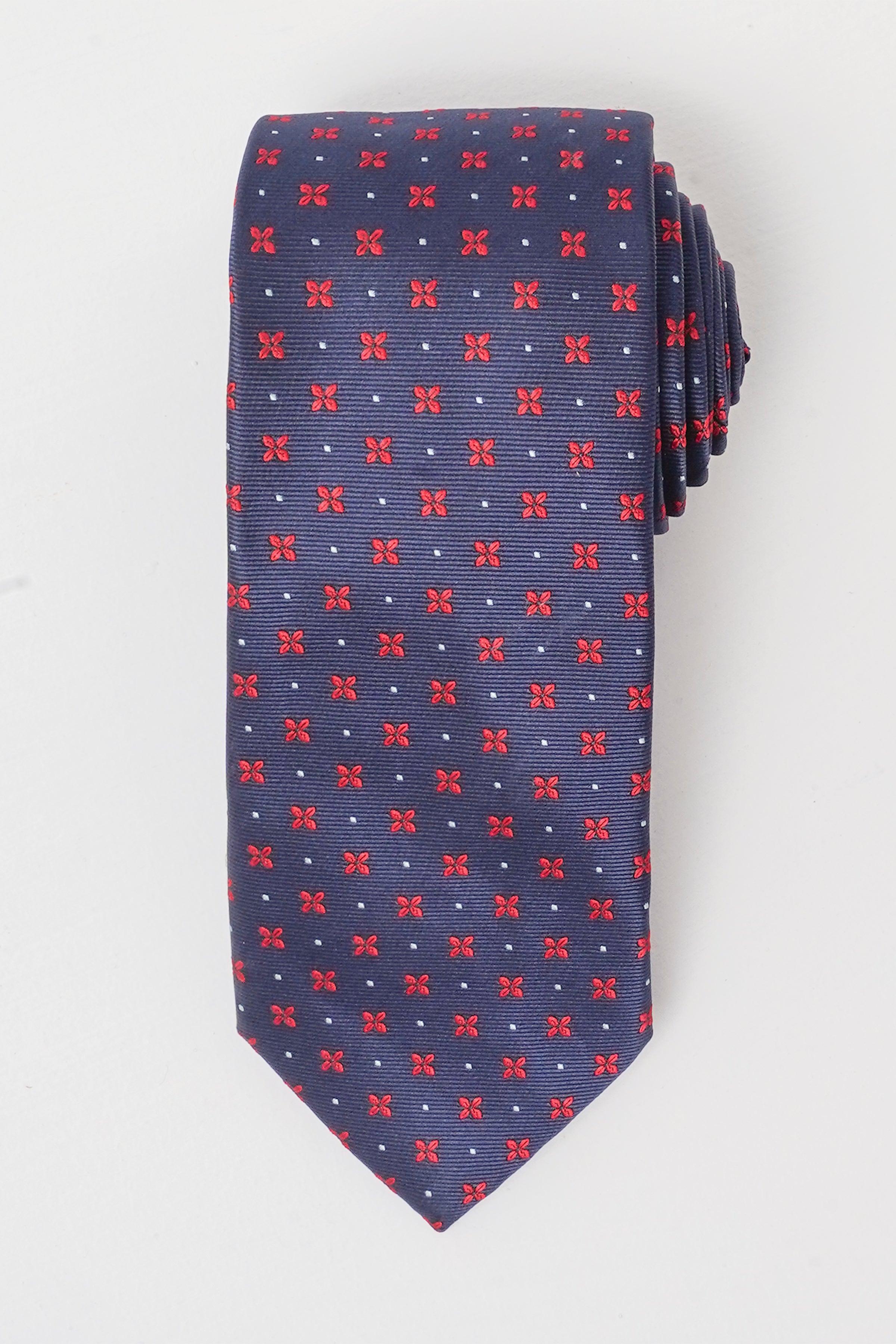 Poly silk tie in navy with small red crossprint pattern