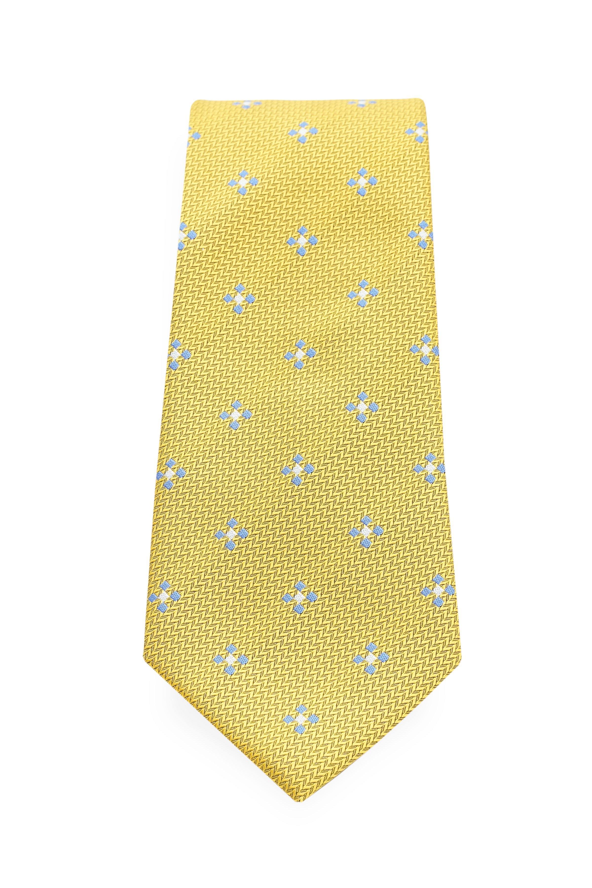 Yellow poly silk tie with small blue star pattern
