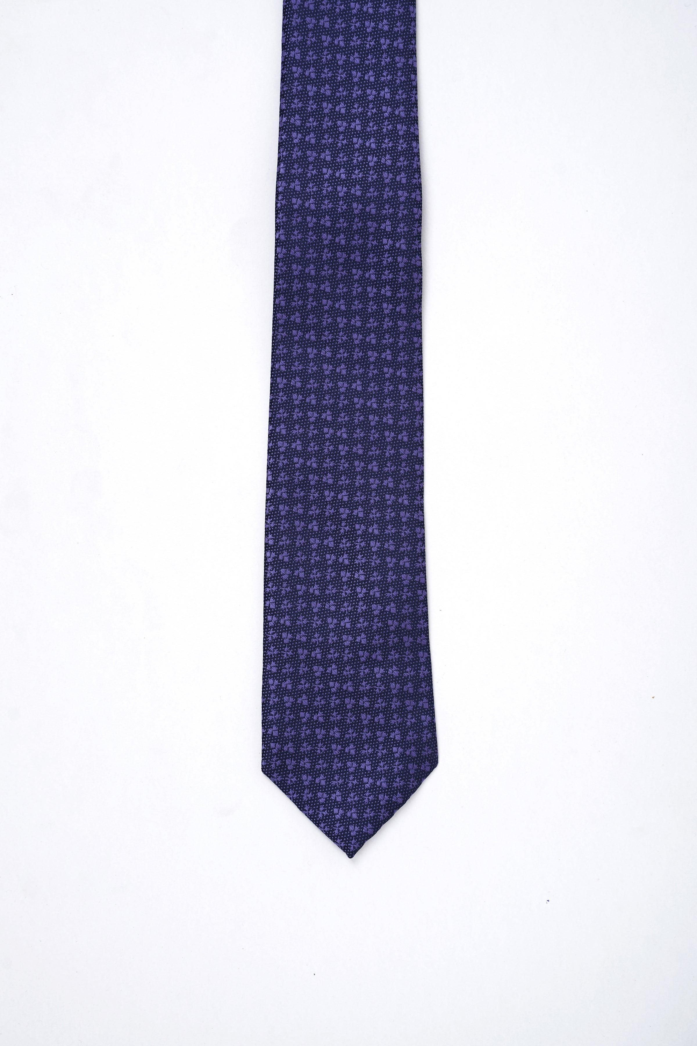Geometric-pattern poly silk tie in dark navy with pointed end