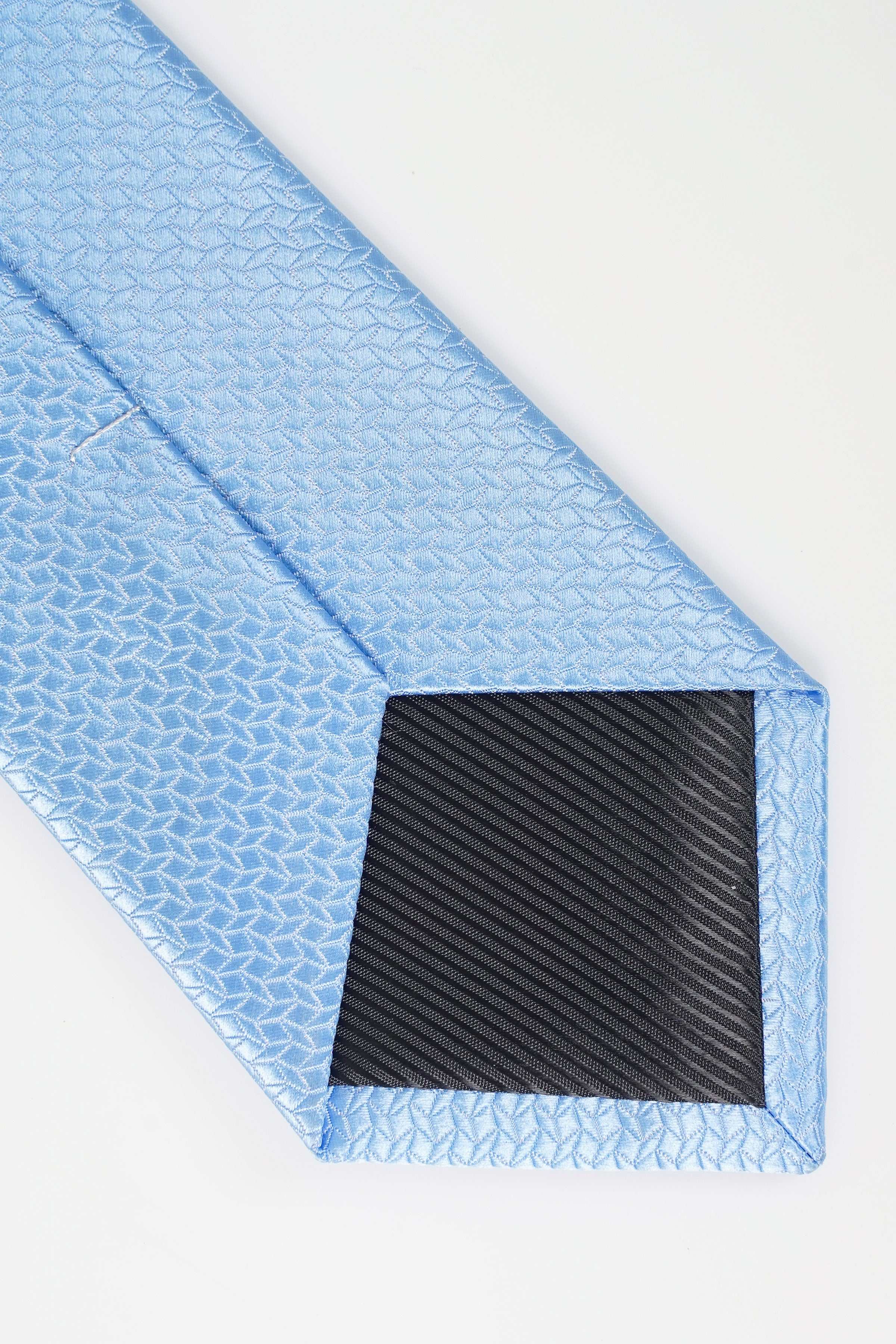 Light blue woven tie tip with dark interior pocket detail