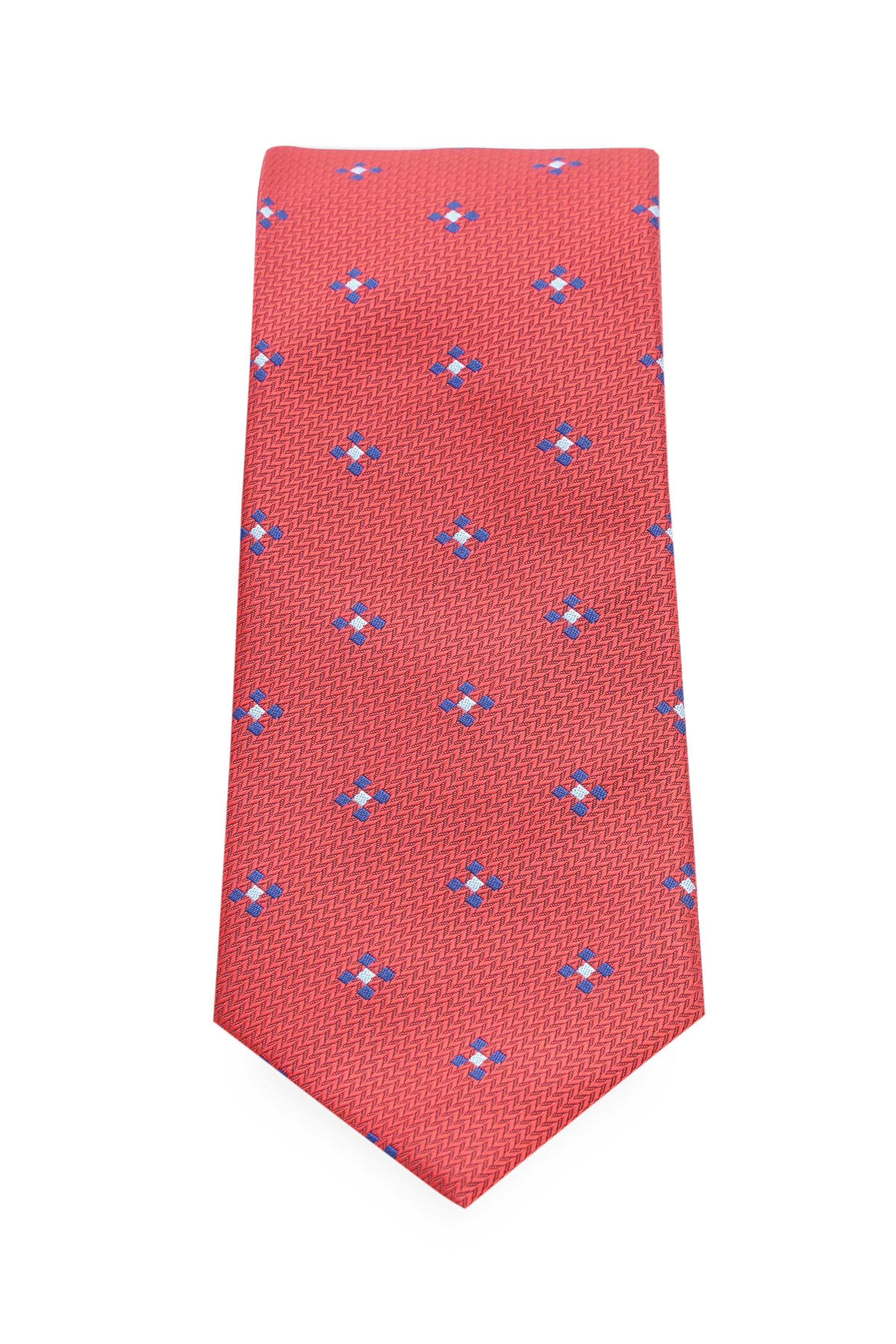 Red polyester silk tie with small blue geometric print, classic narrow blade