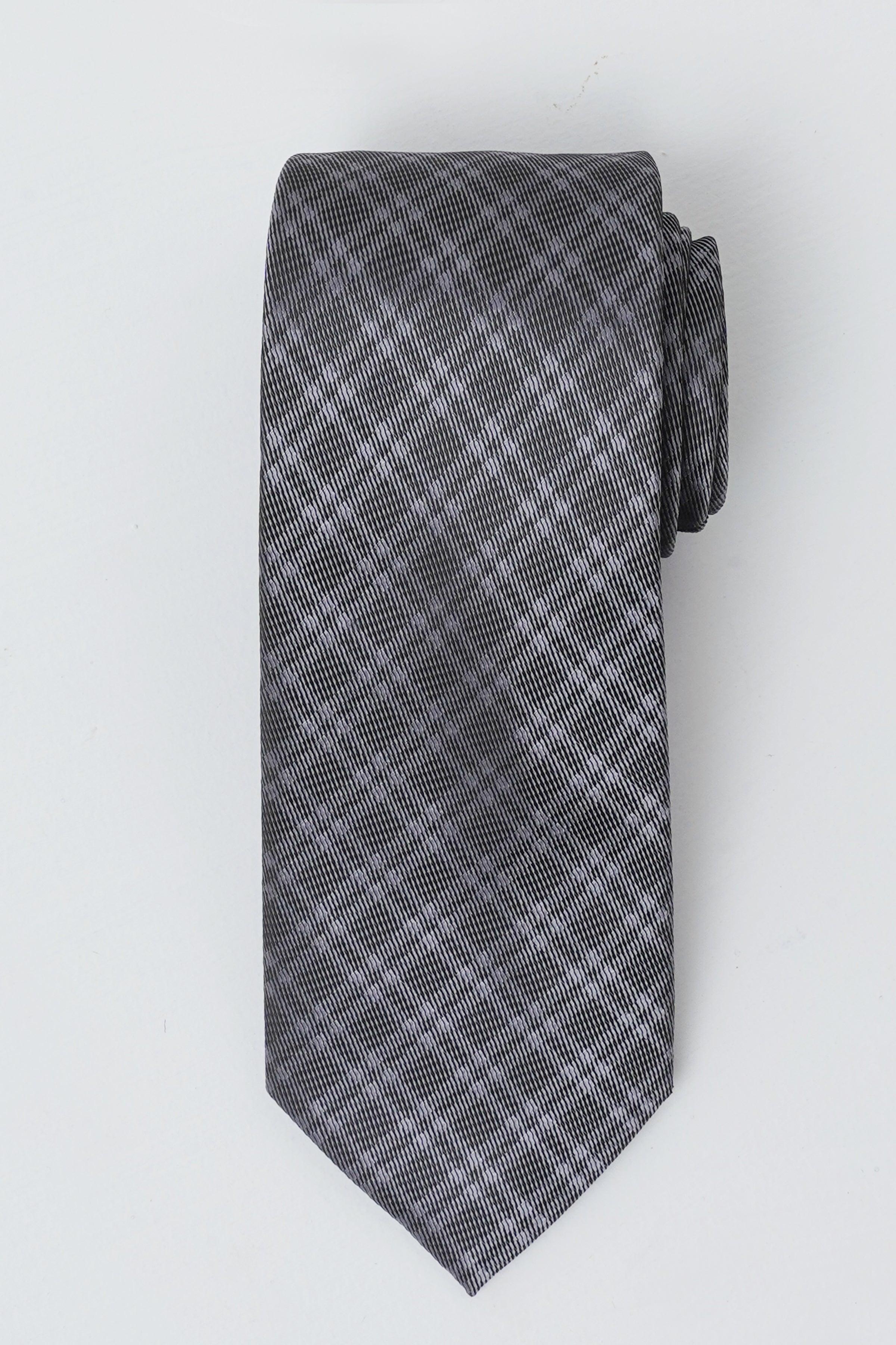 Charcoal gray poly silk tie with subtle check pattern.