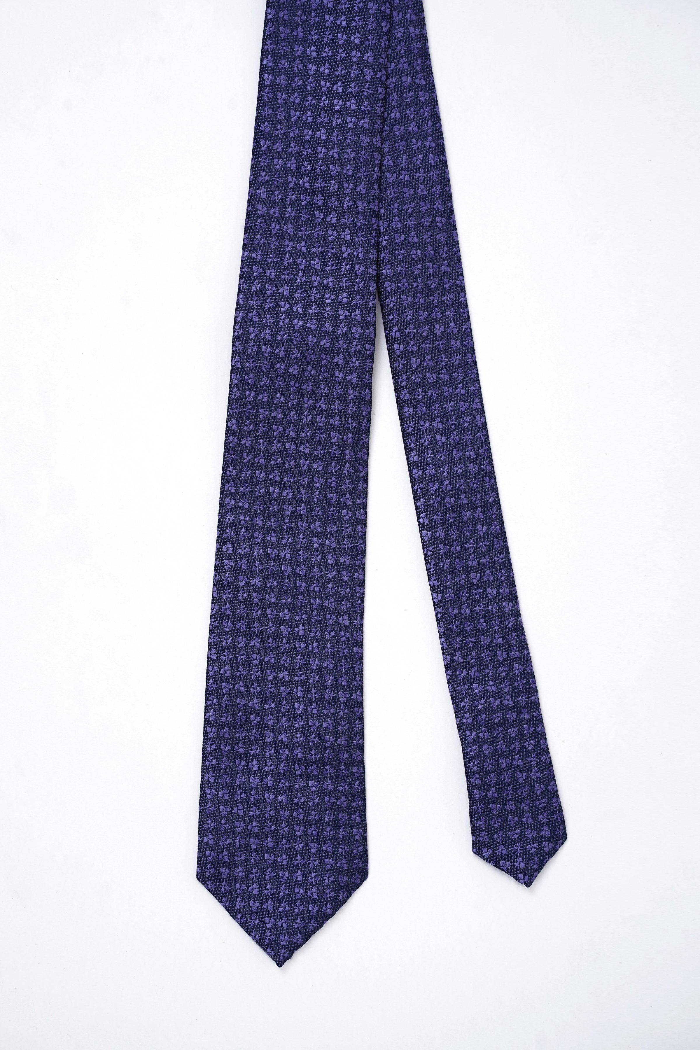 Geometric-pattern poly silk tie in dark navy, full length with pointed end