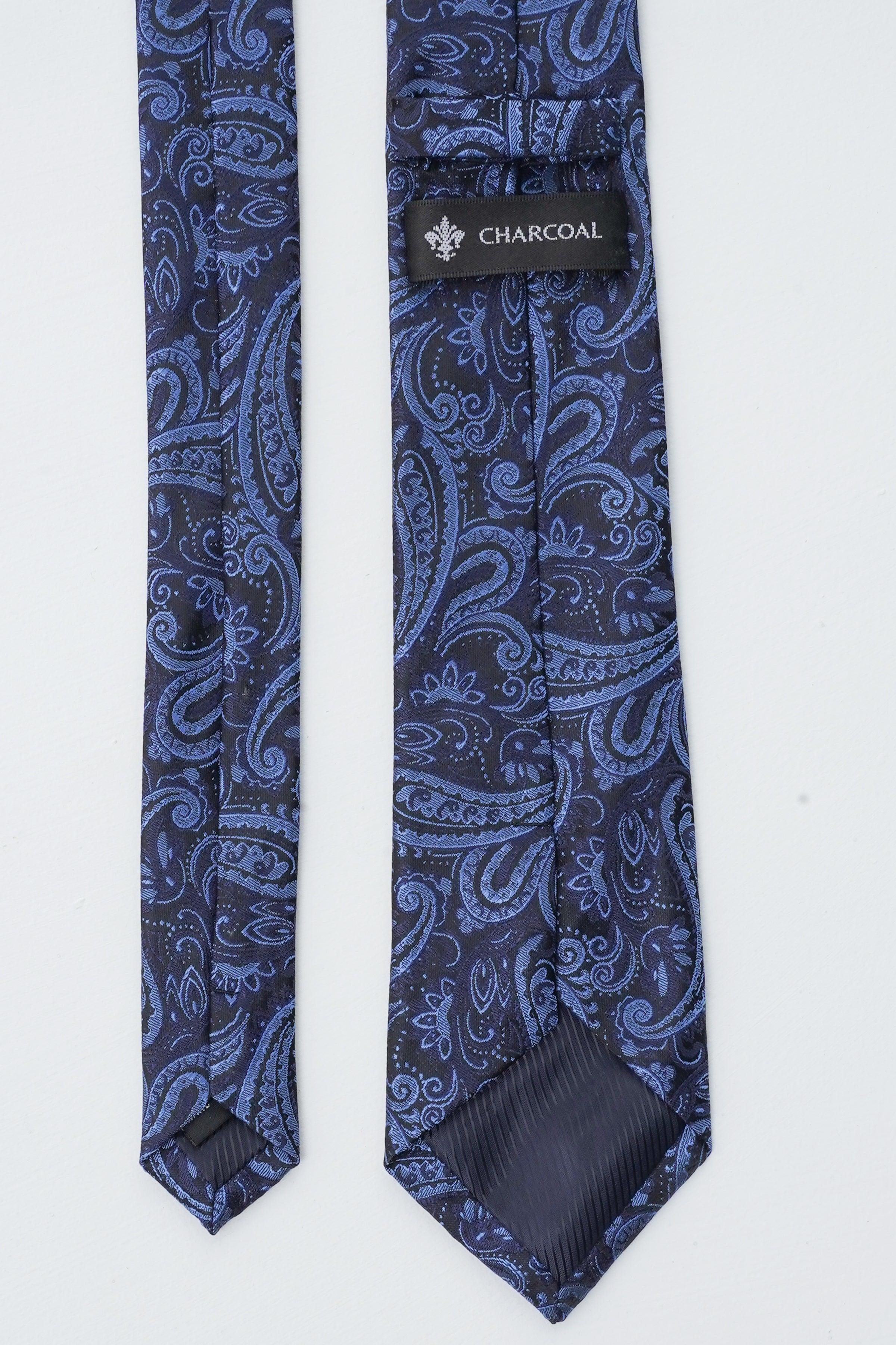 Paisley necktie with Charcoal label, dark navy and blue swirl pattern