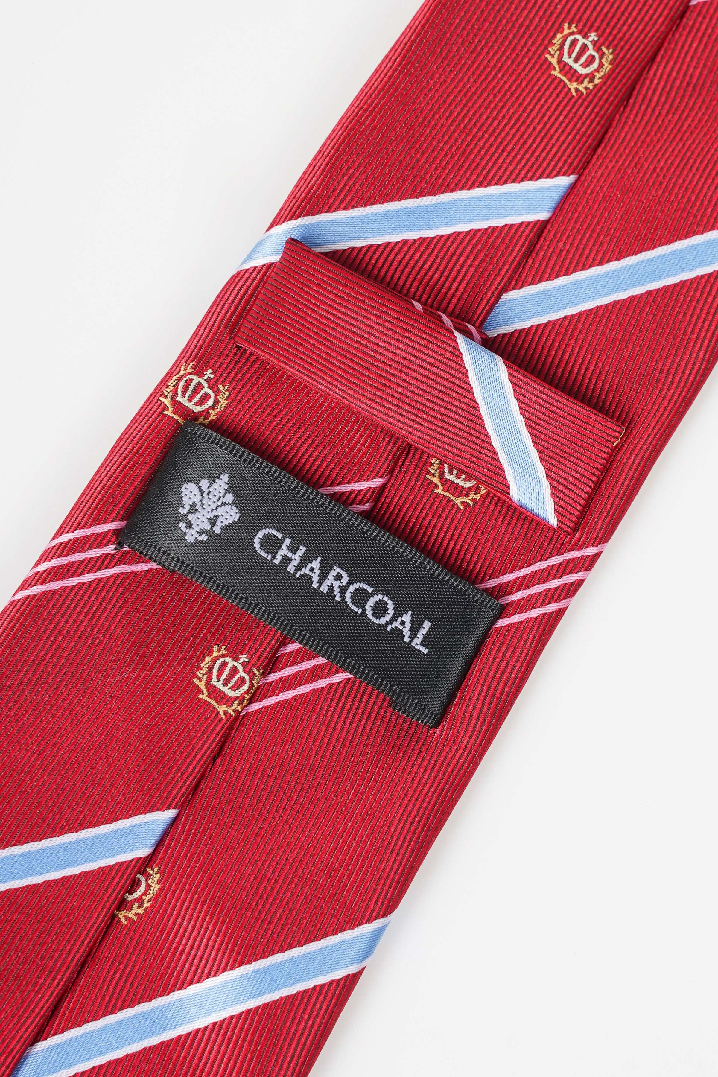 Red poly silk tie with light blue stripes and CHARCOAL brand label