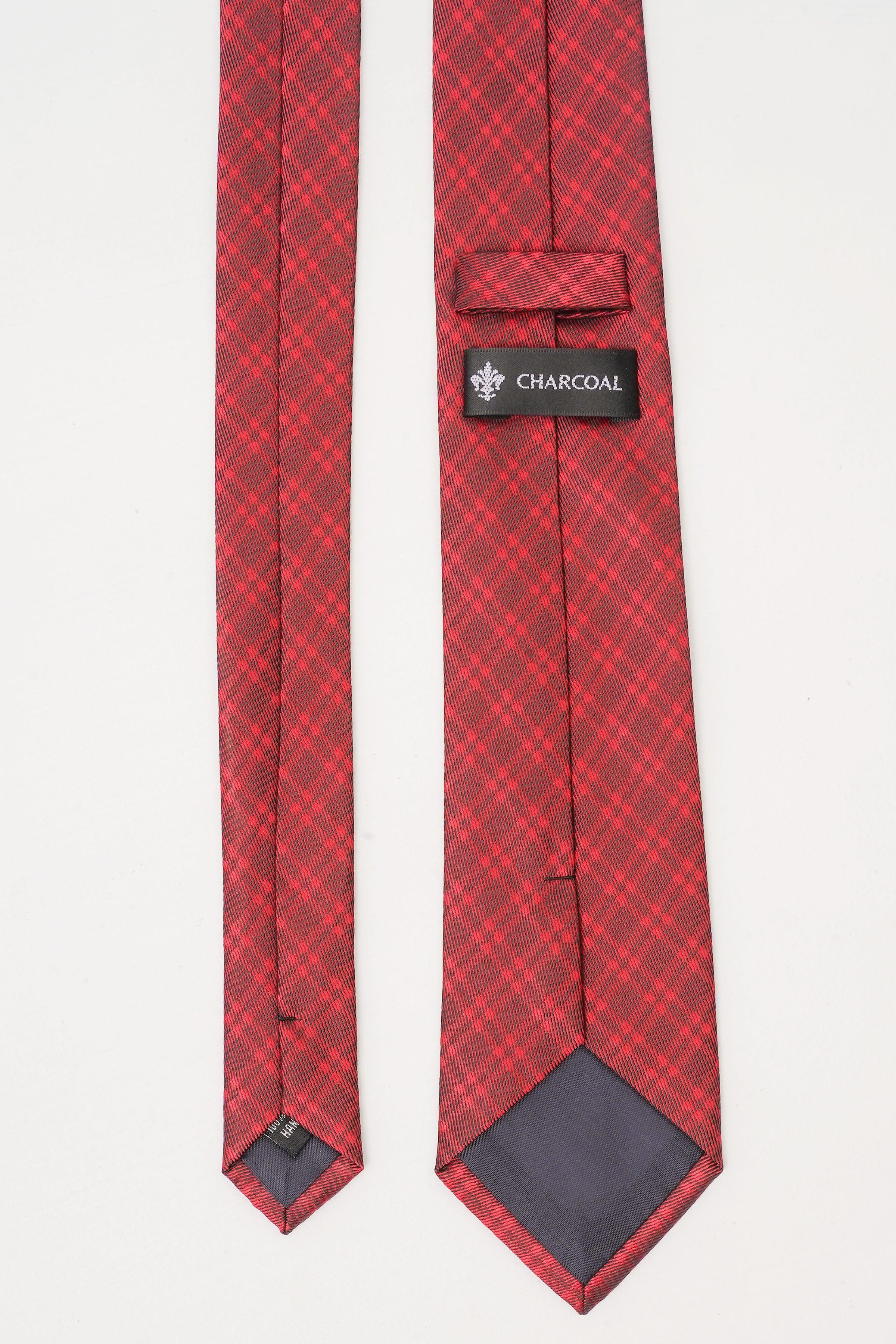 Red check poly silk tie with label keeper at the back