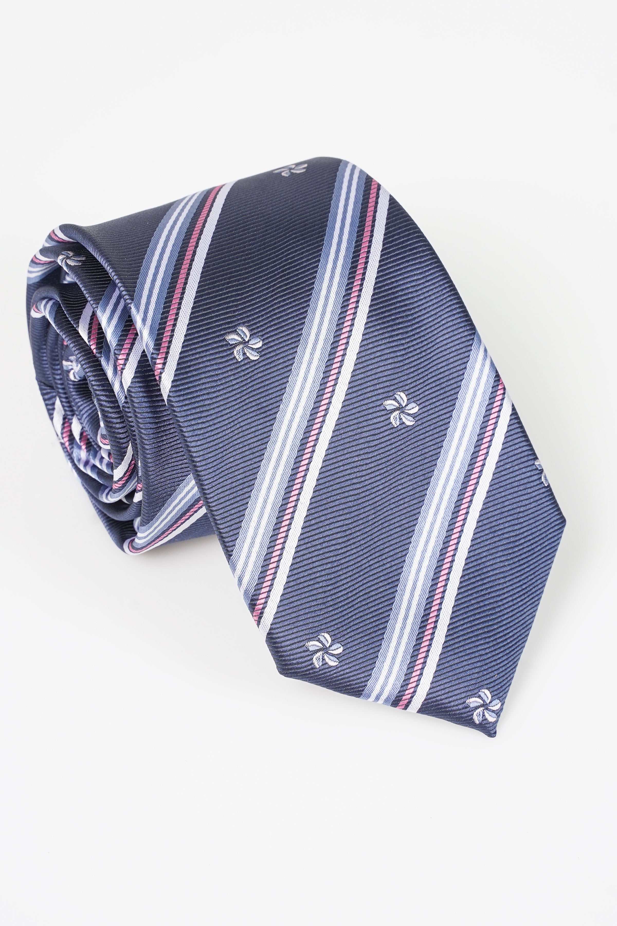 Poly silk necktie in navy with striped bands and small clover motifs