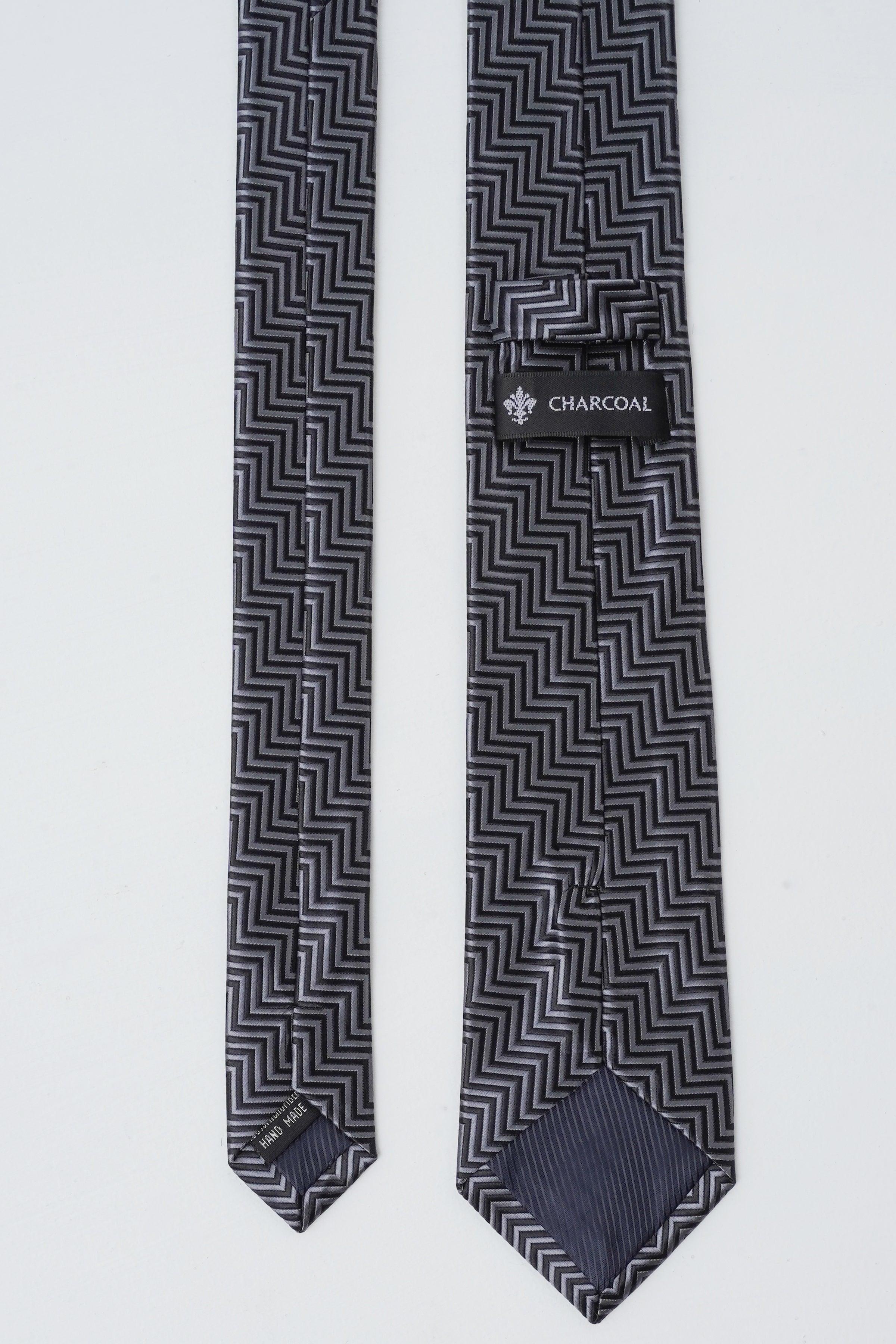 Chevron necktie set in dark charcoal zigzag, front and back shown