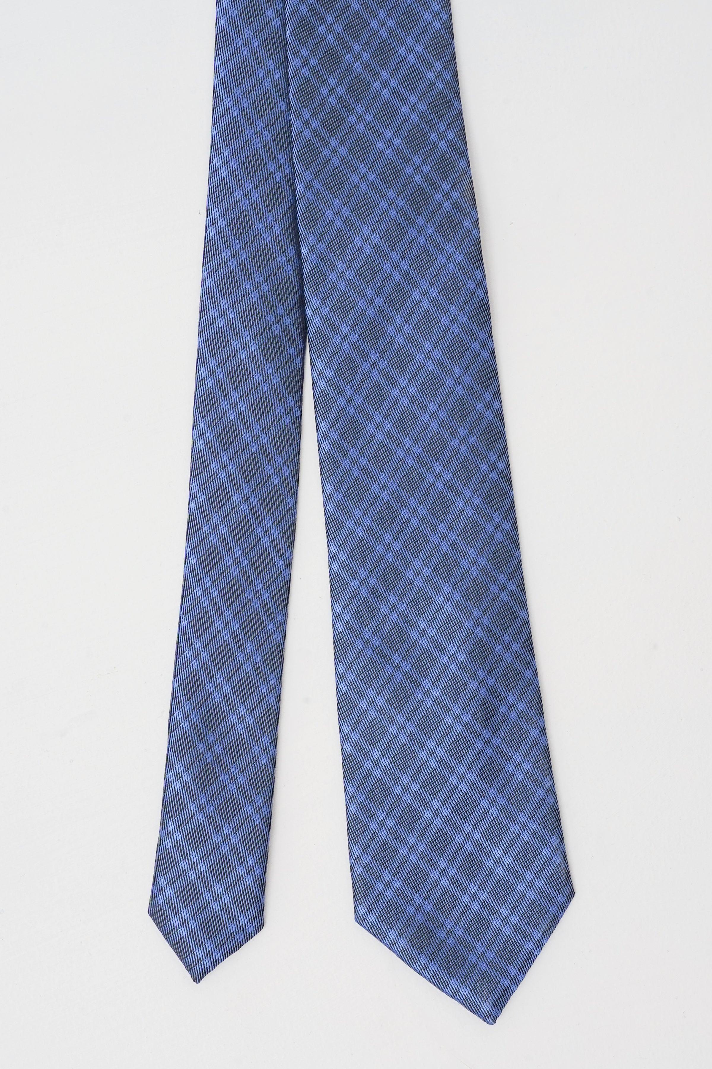 Blue plaid poly silk tie, full length woven grid