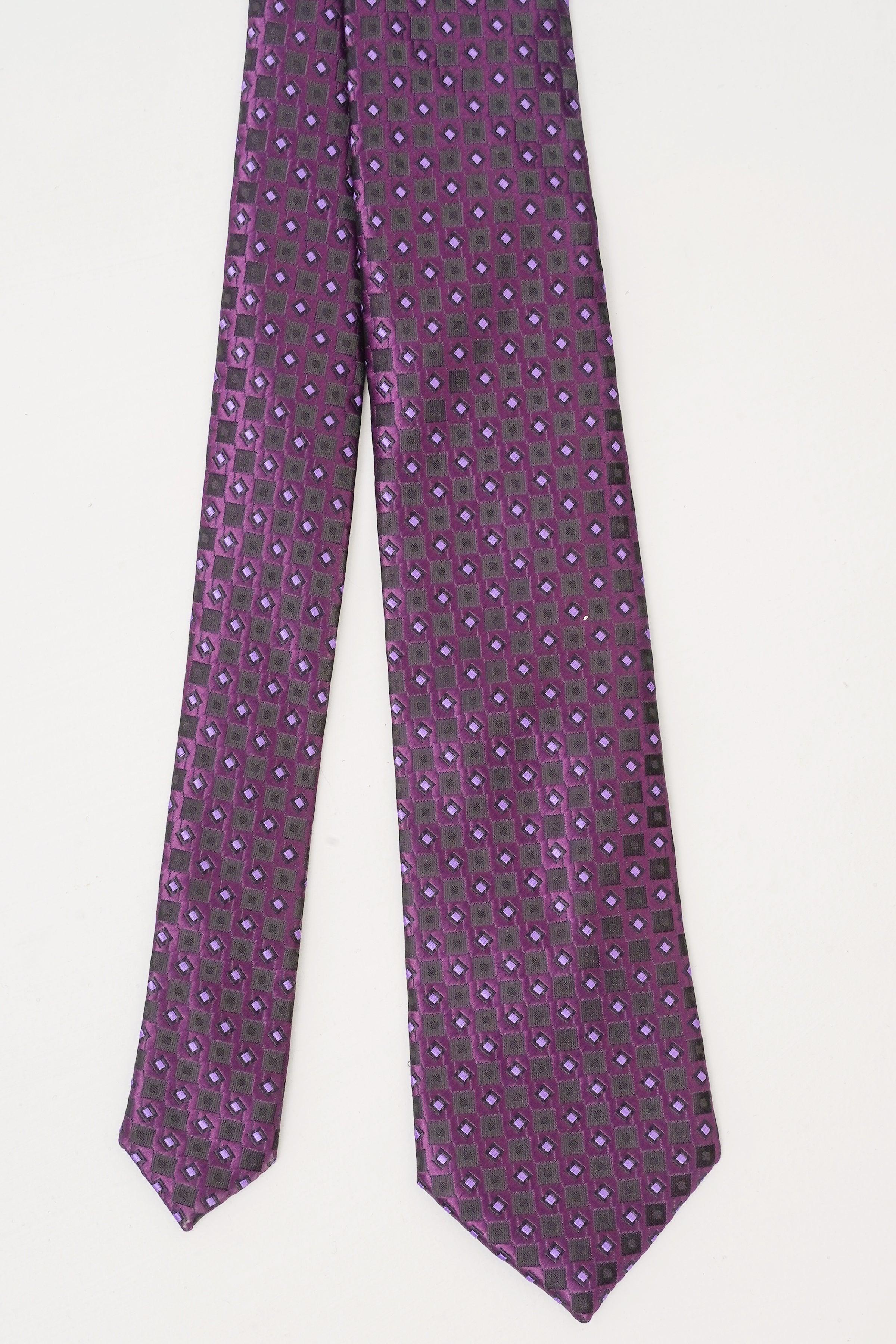 Poly silk tie in dark purple with geometric square-and-dot pattern, pointed end