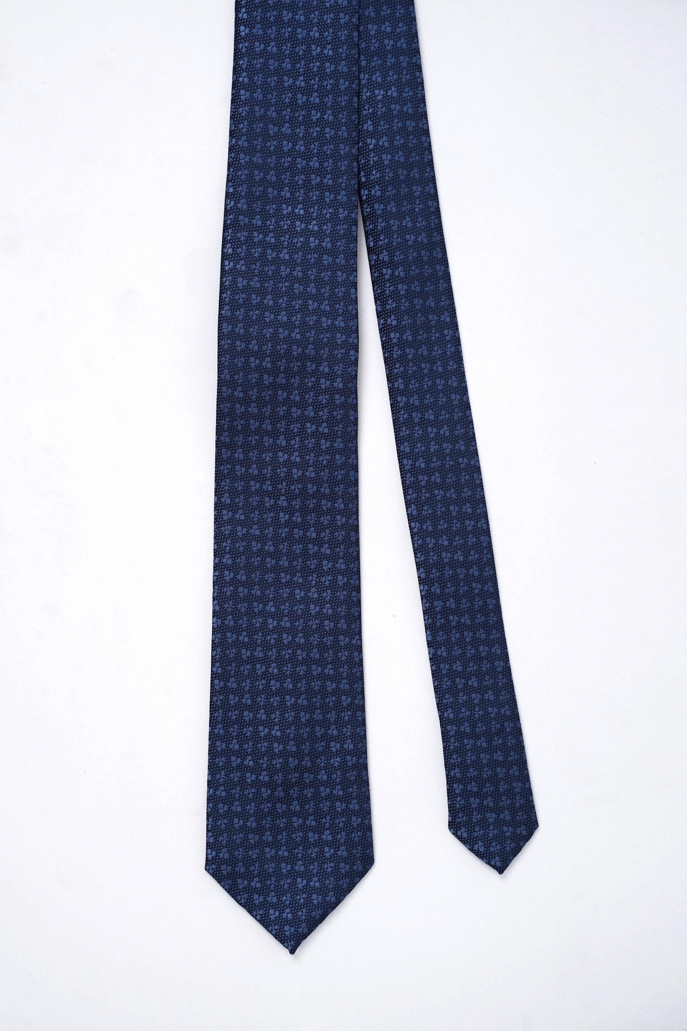 Poly silk tie, dark navy with micro-pattern, split showing both sides