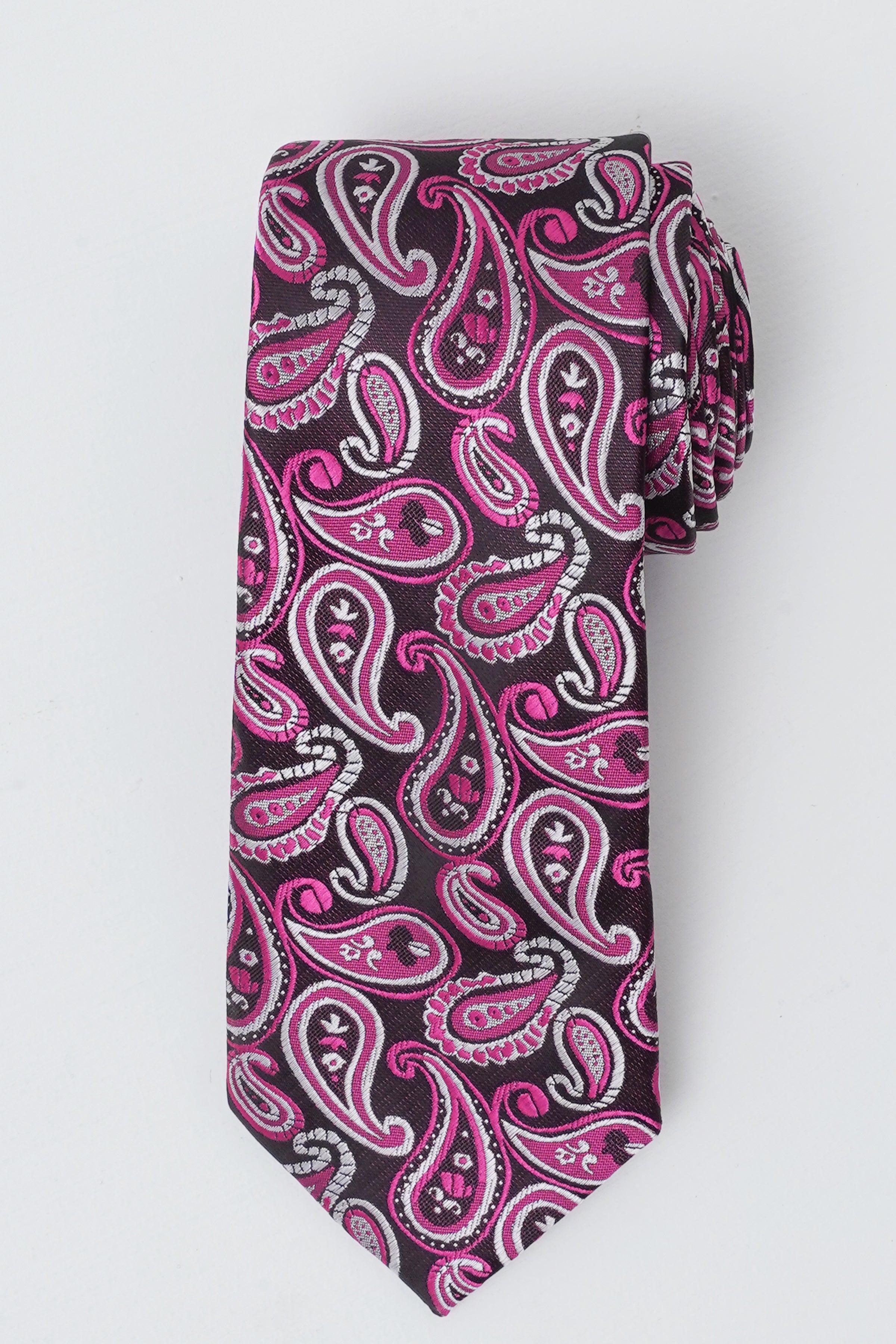 Poly silk tie with paisley pattern in dark purple and pink, angled tip