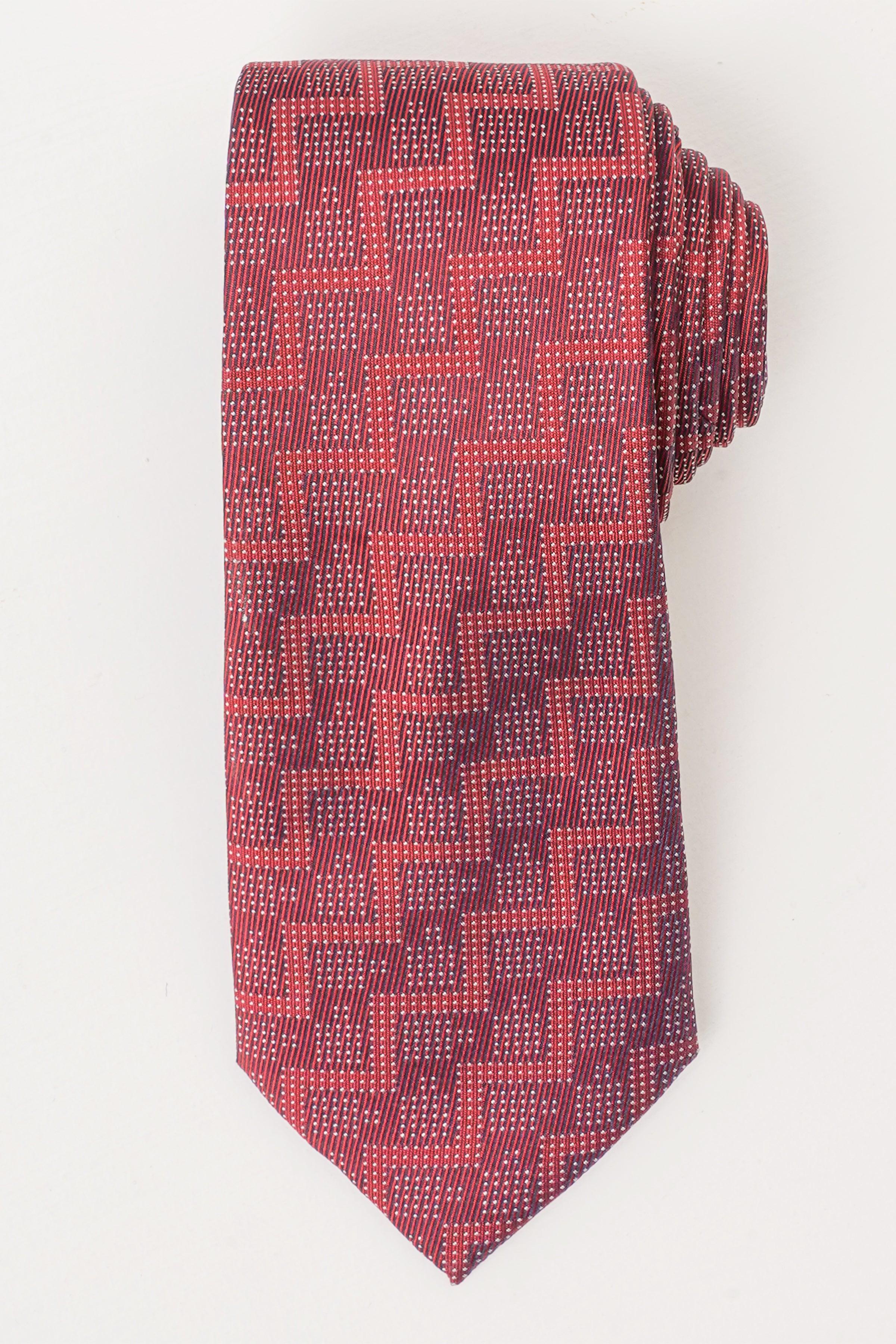 Patterned poly silk tie in burgundy with light geometric square pattern