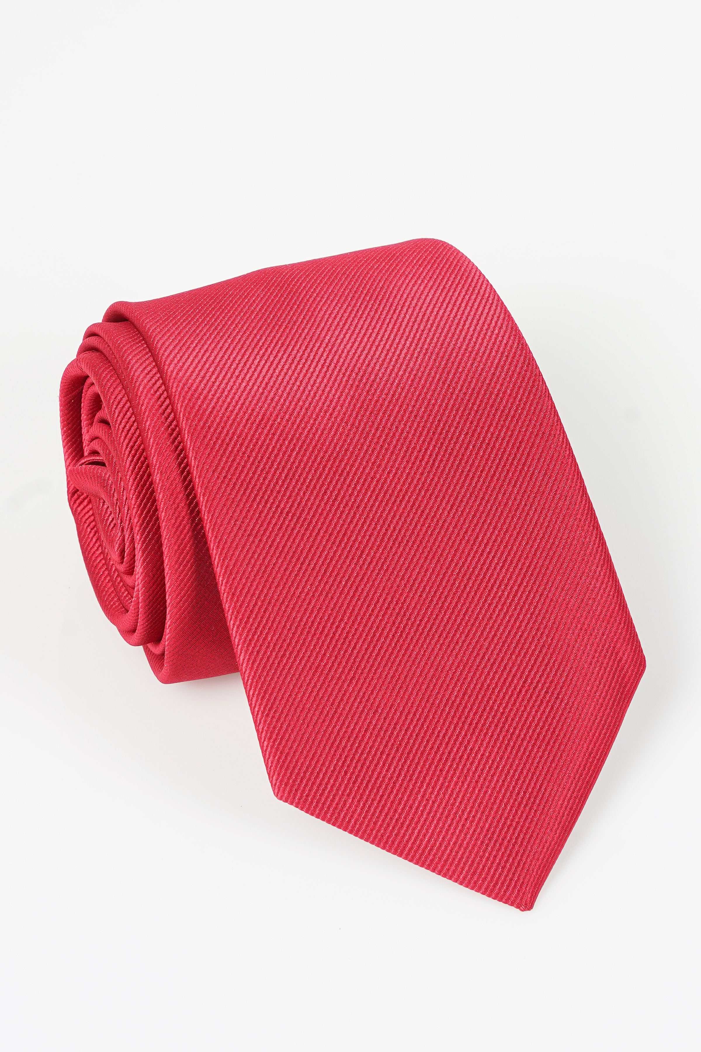 Red poly silk necktie with woven texture, neatly rolled for display