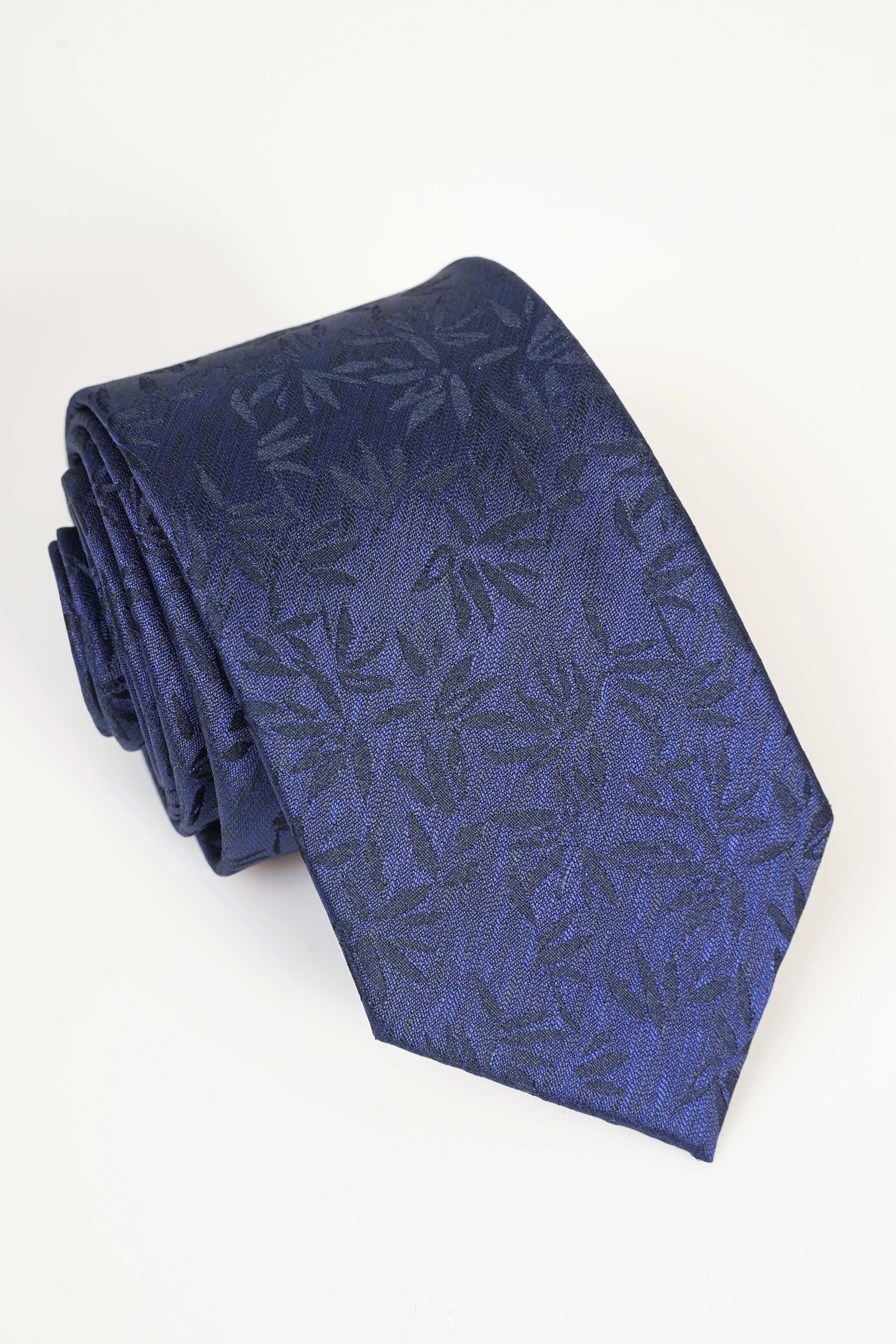 Navy poly silk tie with leaf pattern