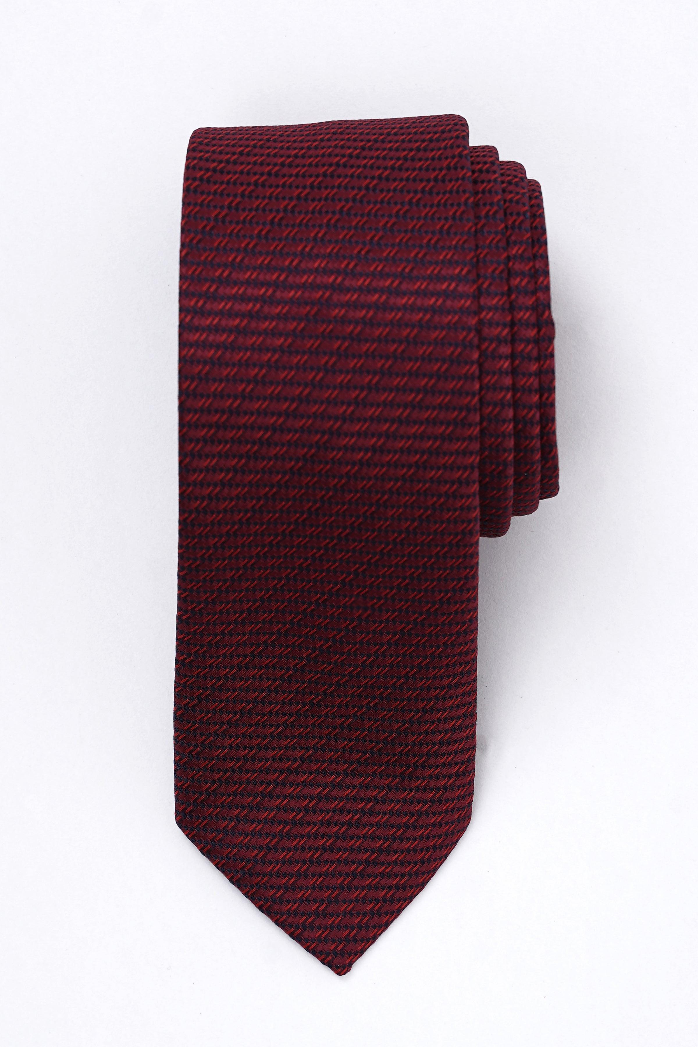 Burgundy textured necktie, tapered end with diagonal stripe pattern