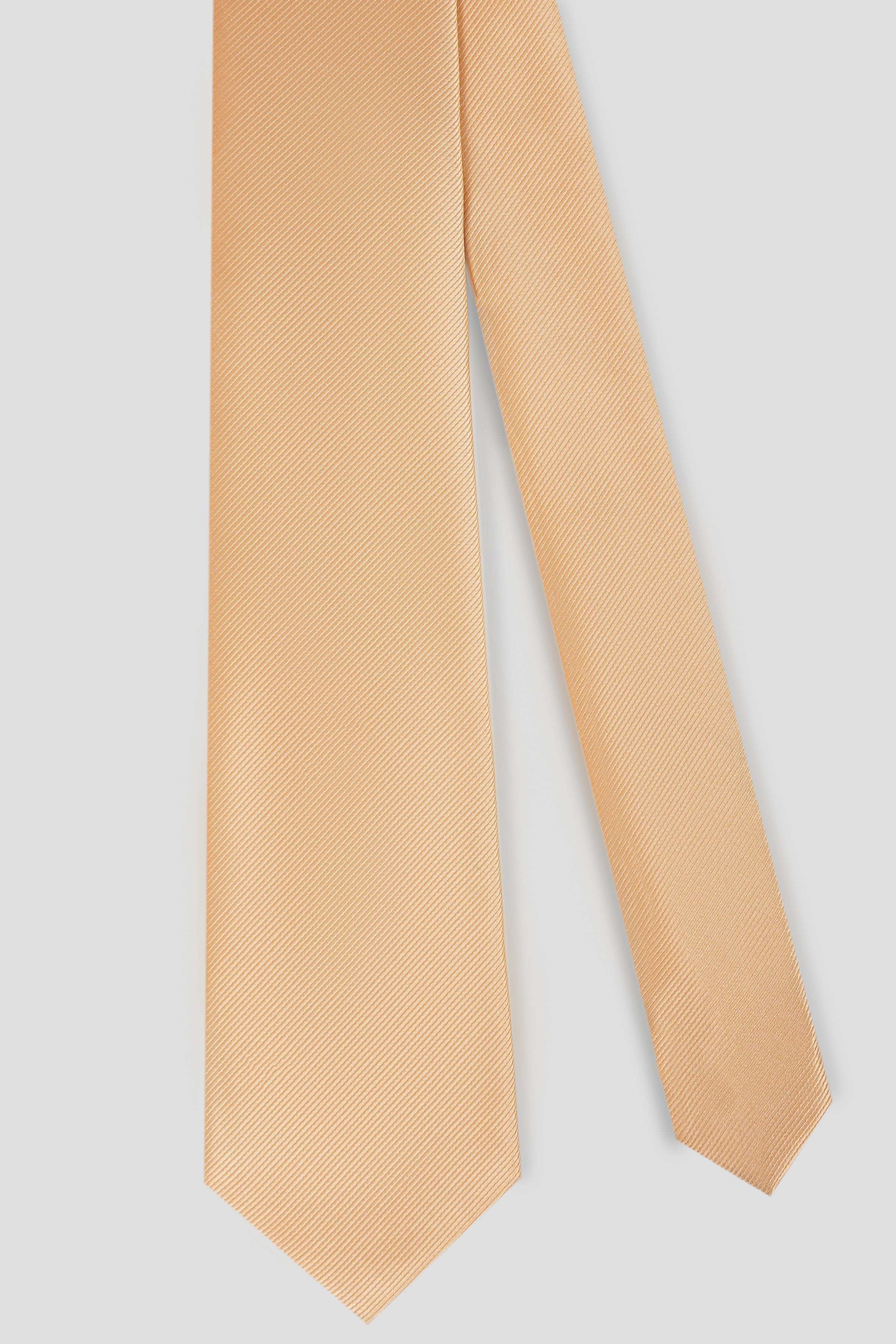Beige textured necktie with diagonal weave, hanging straight