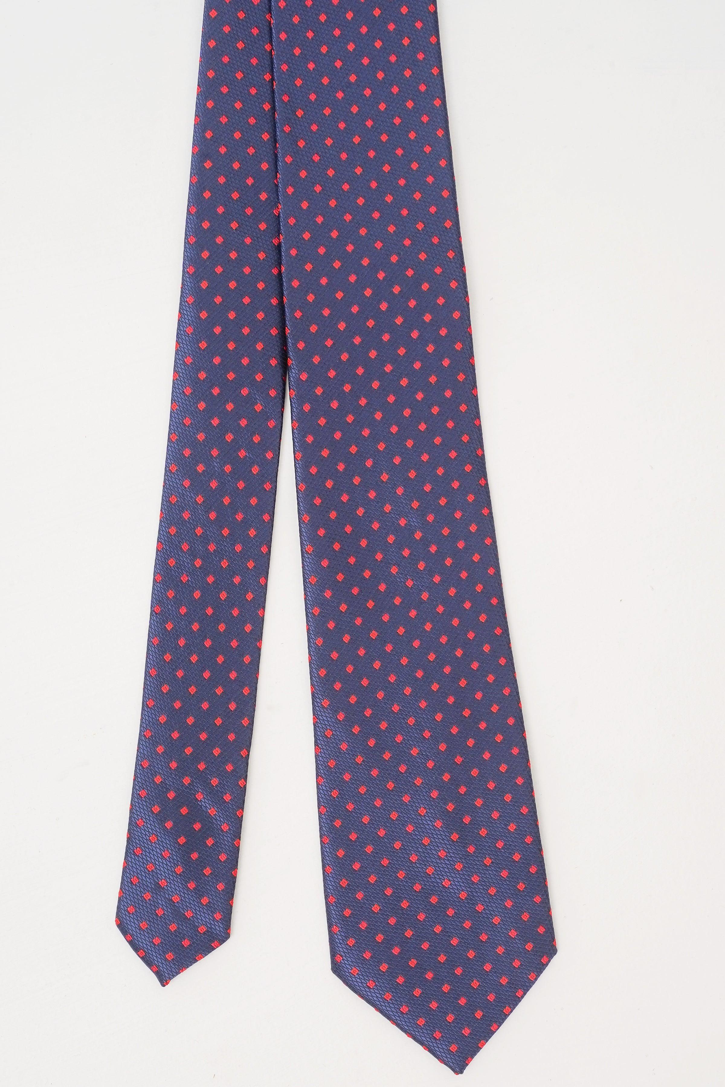Navy poly silk tie with red and blue micro-dot pattern, long hanging view