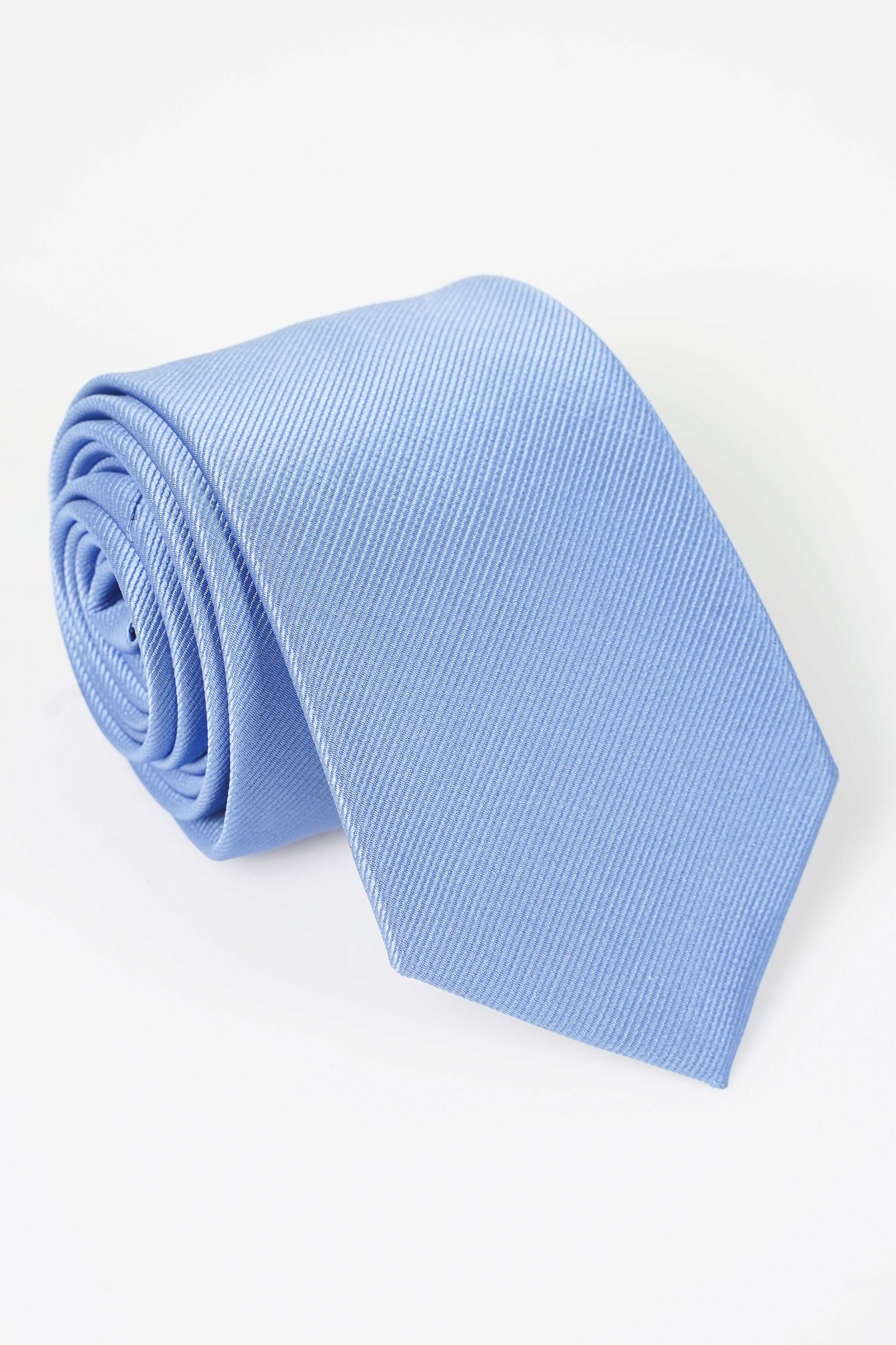 Light blue poly silk tie with textured weave, folded