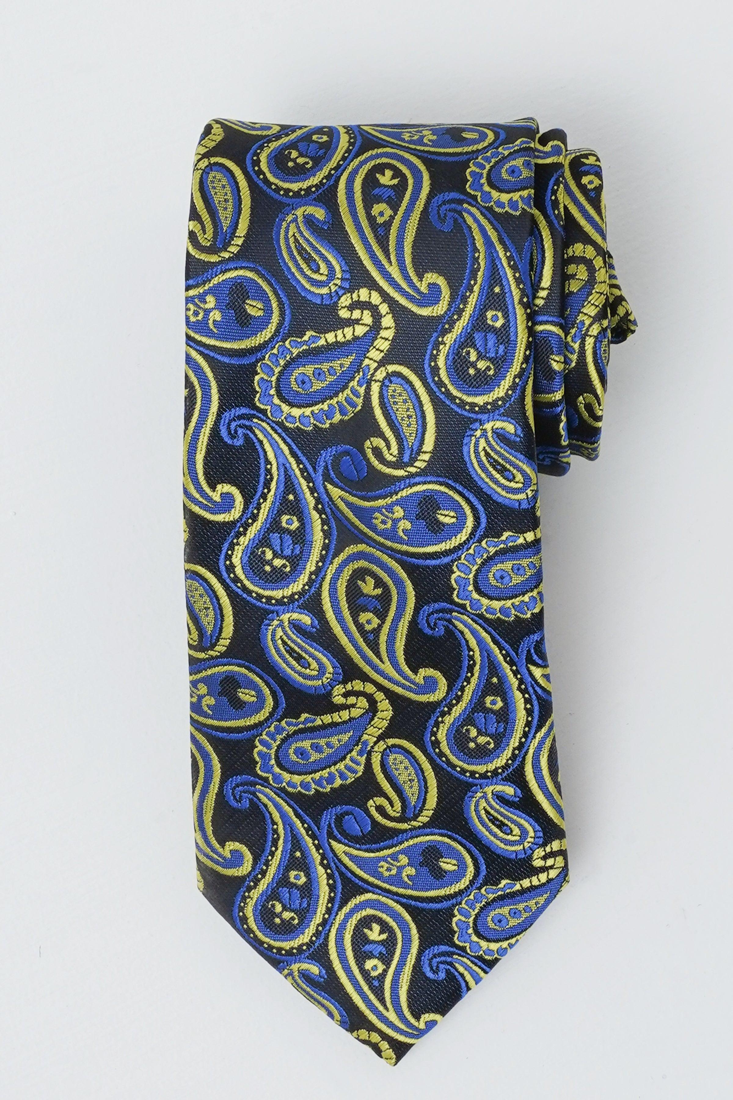 Blue poly silk tie with yellow paisley swirls