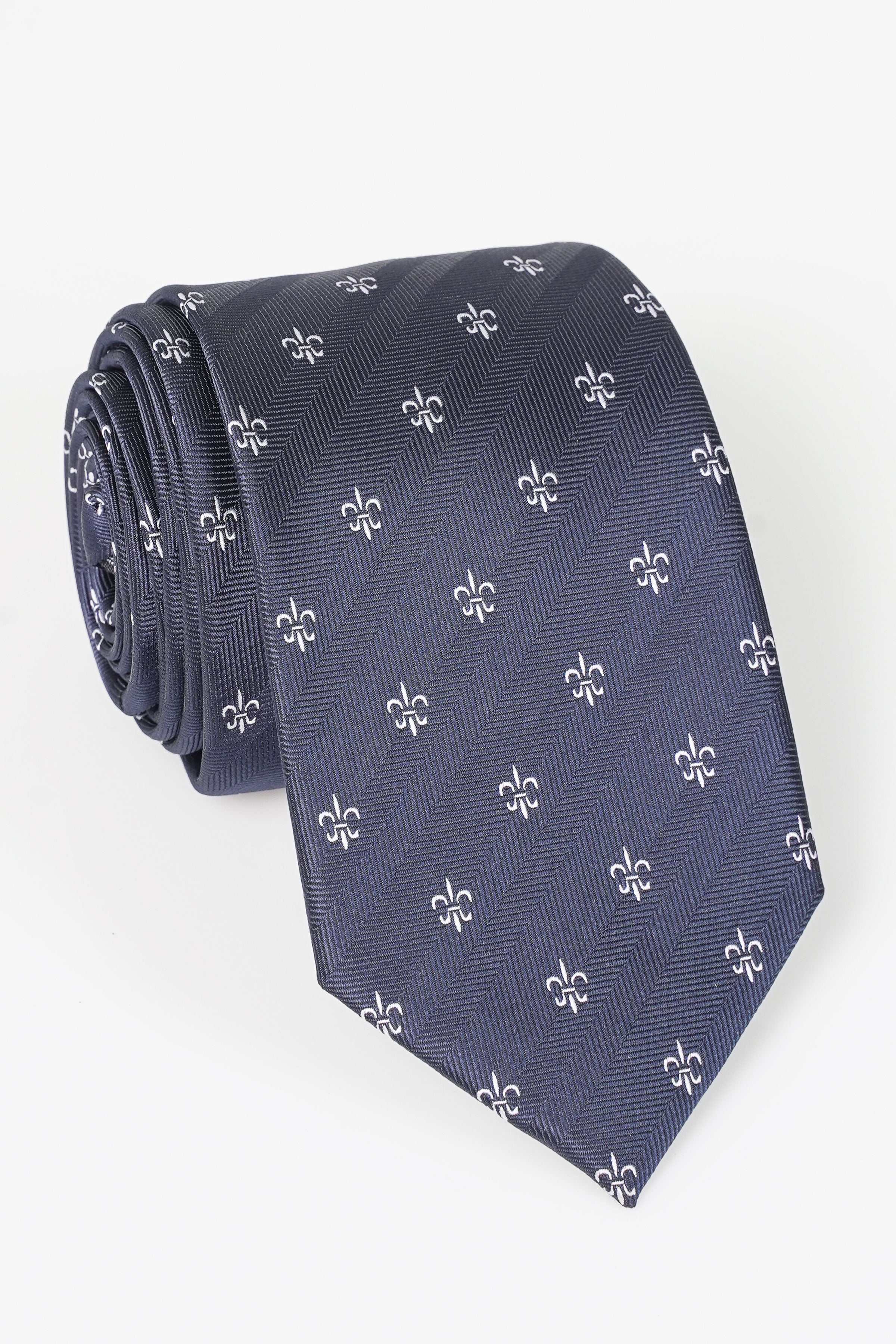 Dark navy poly silk tie with small fleur-de-lis pattern, rolled