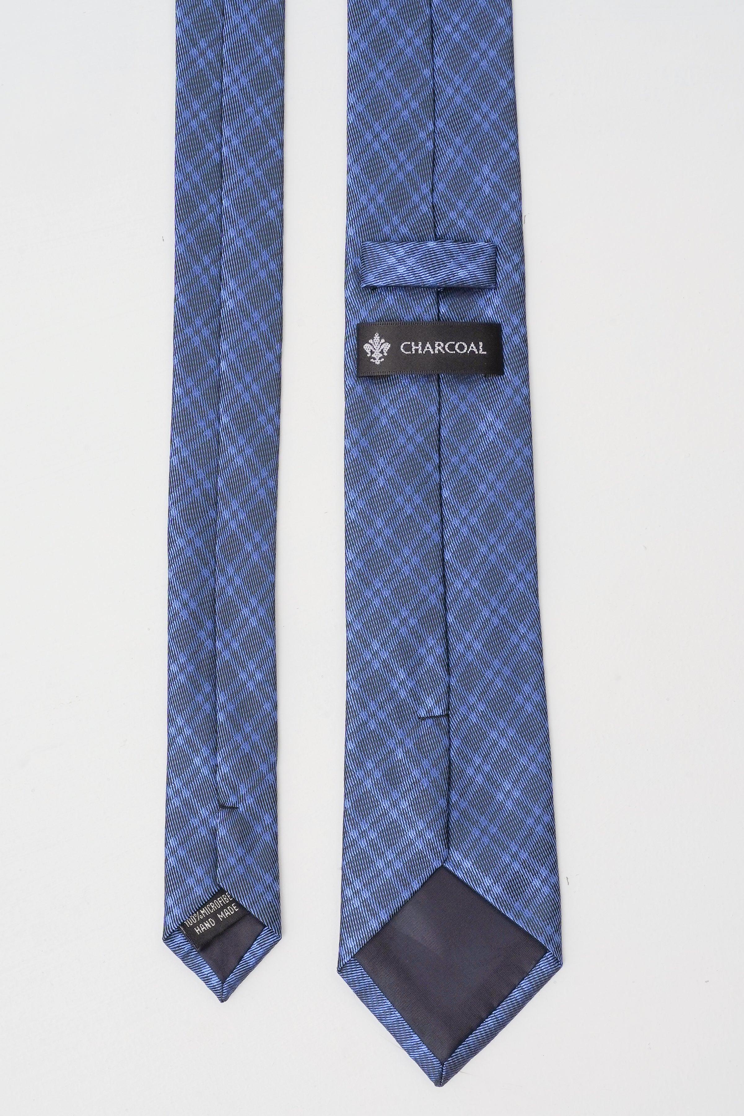 Blue plaid poly silk tie with charcoal logo label