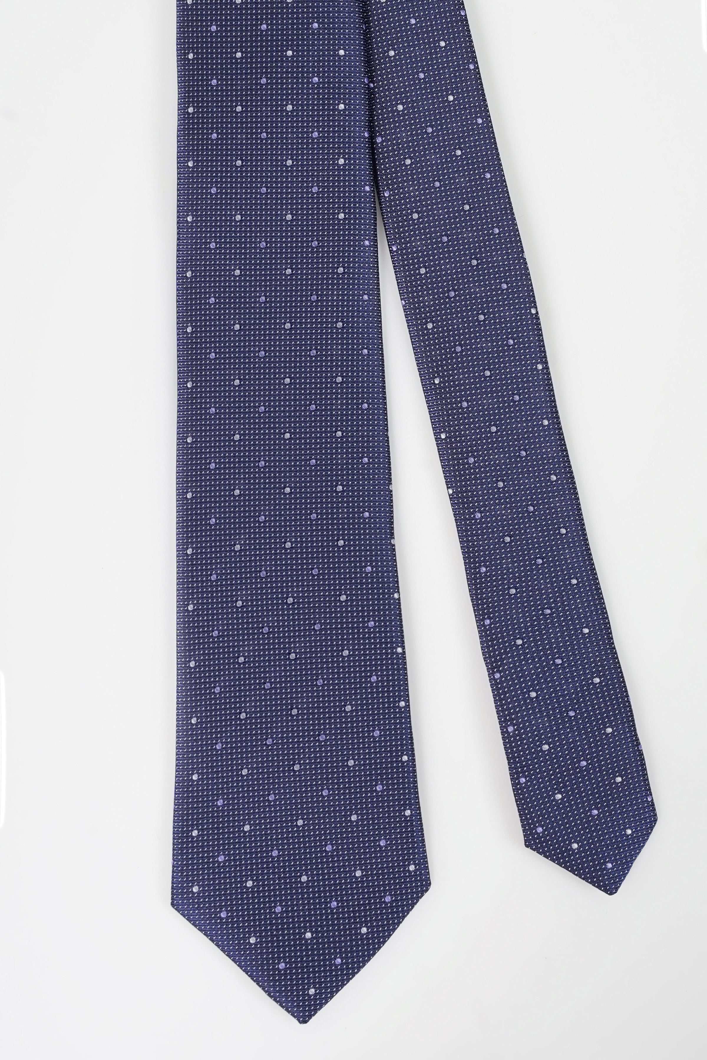 Dark blue polyester silk tie with small white dot pattern
