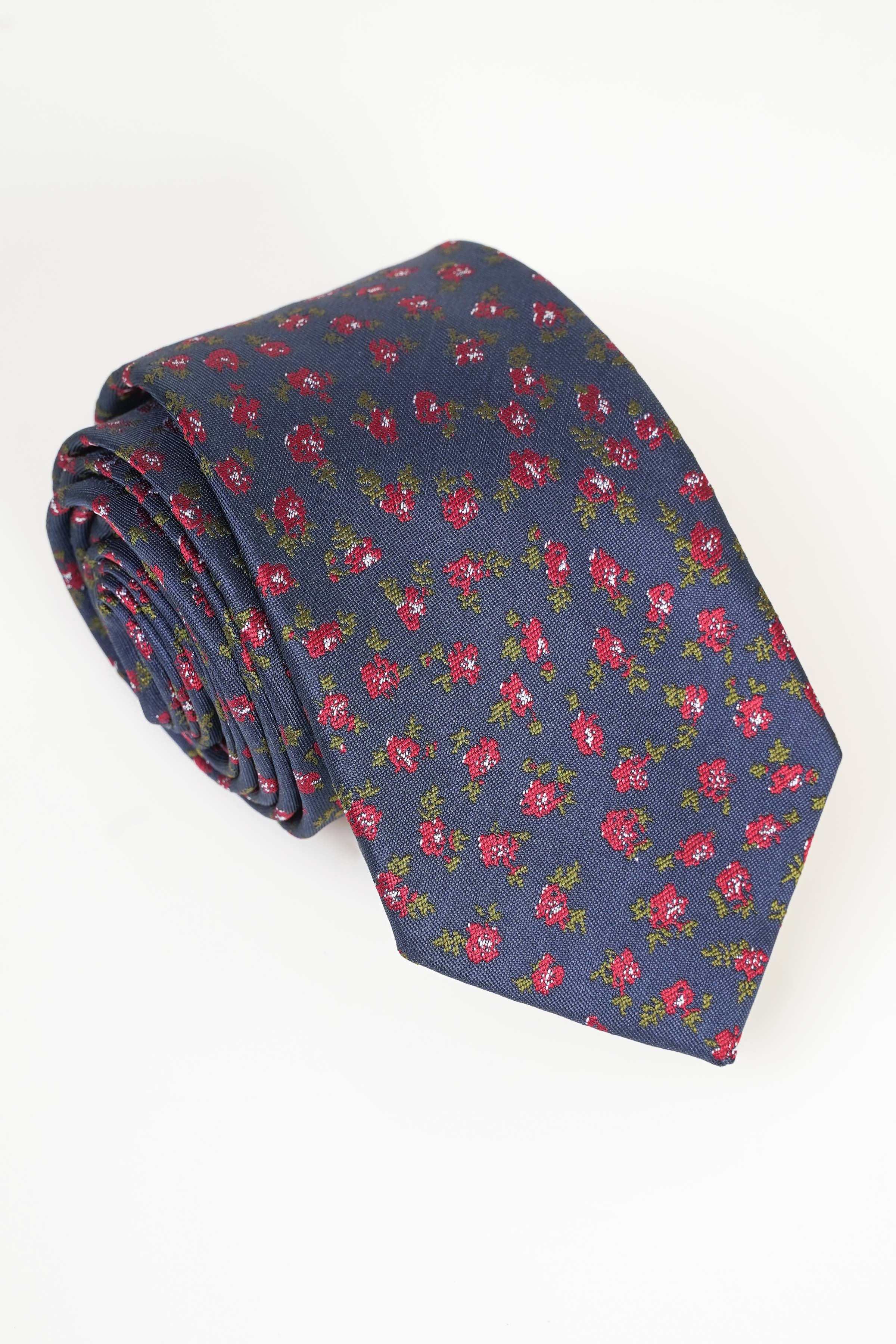Navy poly silk tie with red and green floral pattern