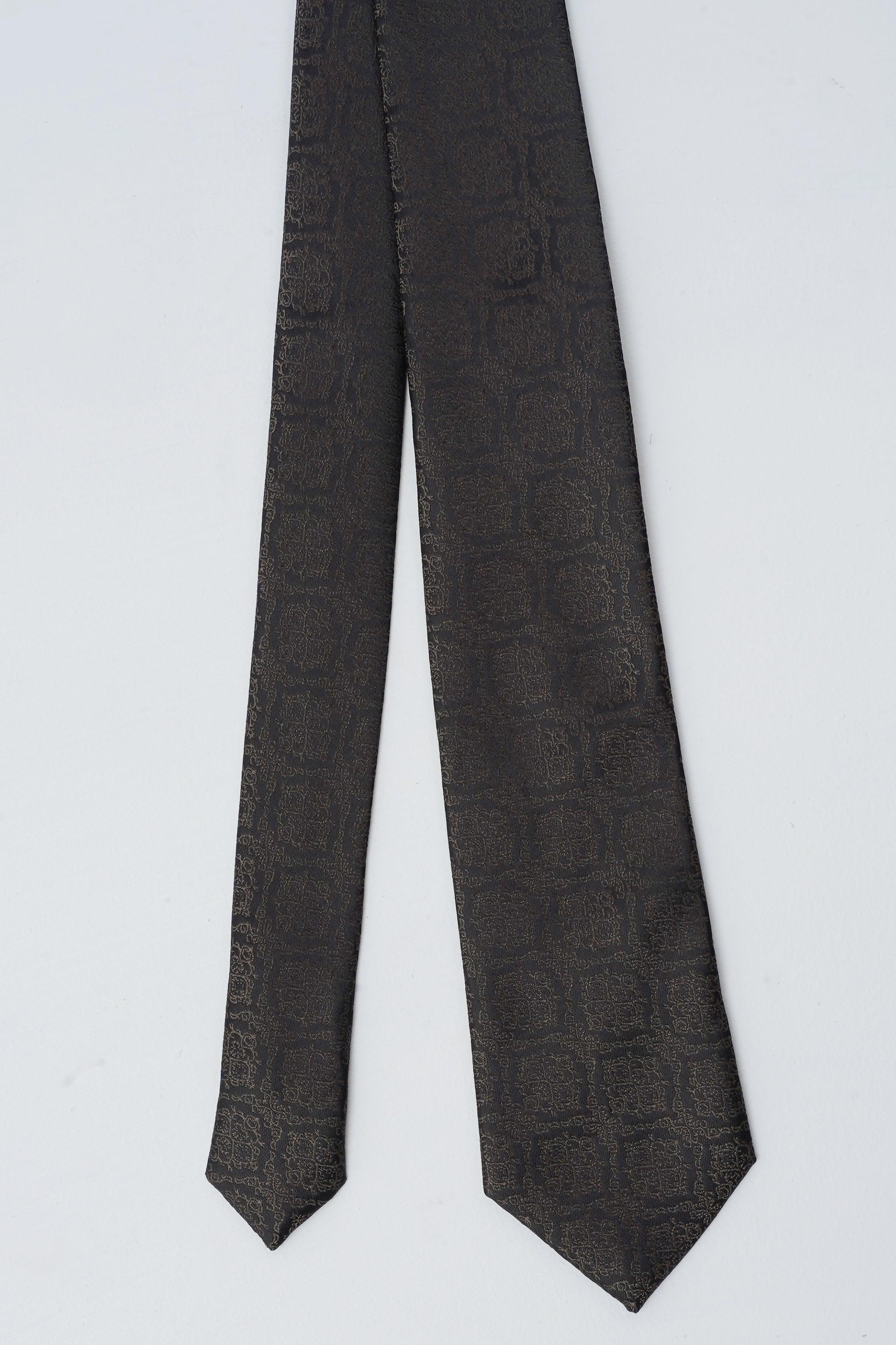 Charcoal patterned poly silk tie, straight view with tapered ends