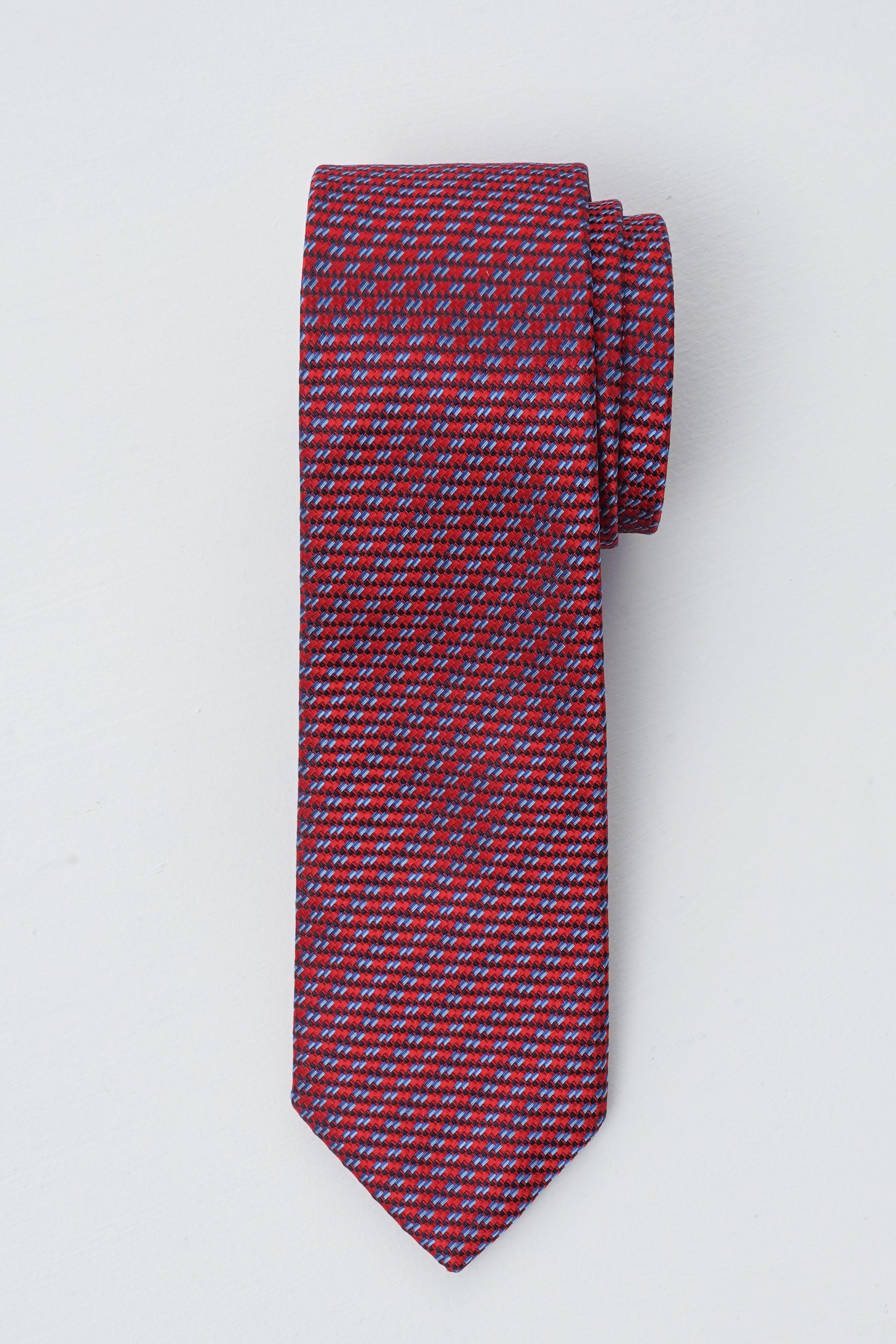 Poly silk tie, dark red and blue micro-pattern, narrow blade with folded end