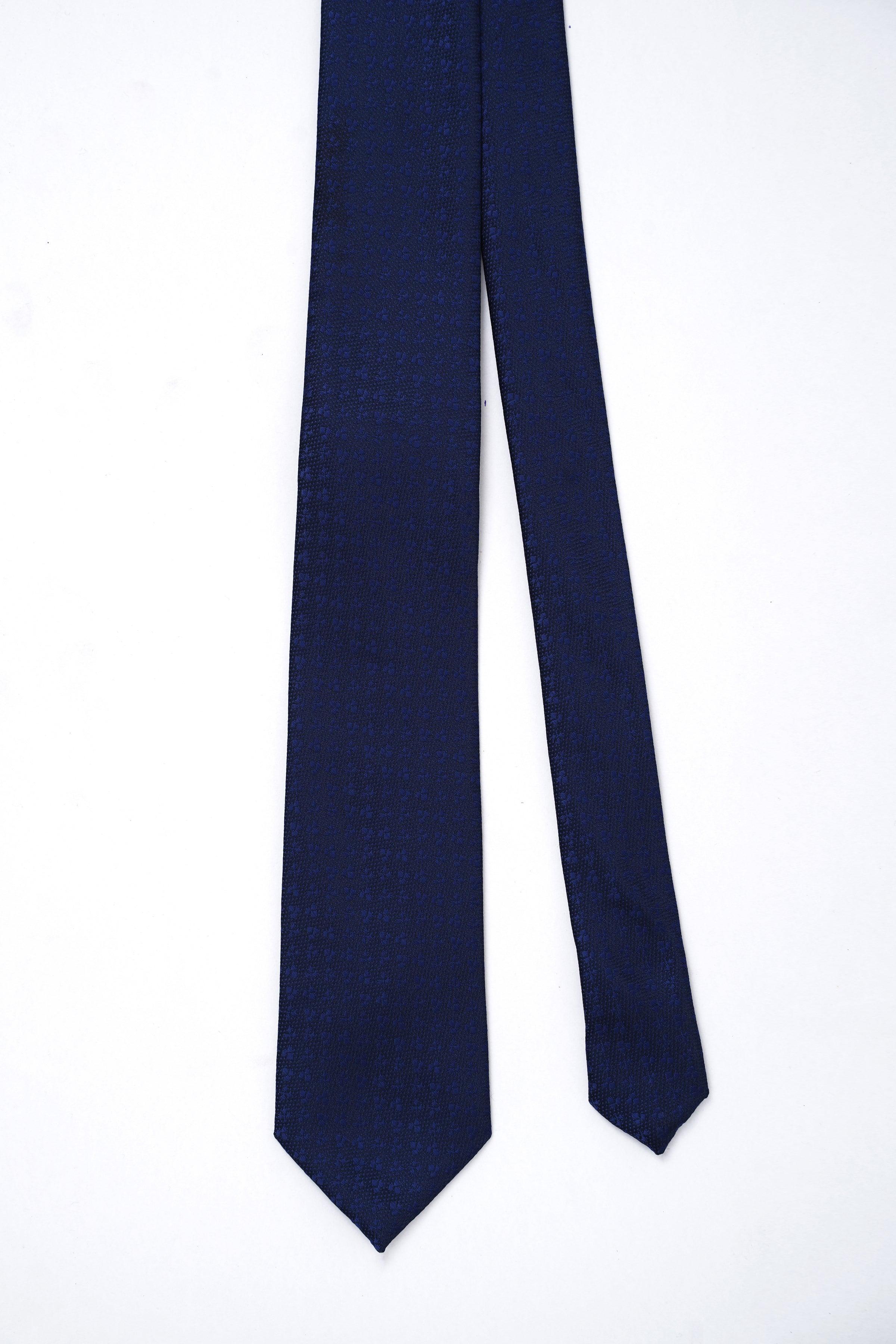 Poly silk tie in dark navy, two angles showing length and pointed ends