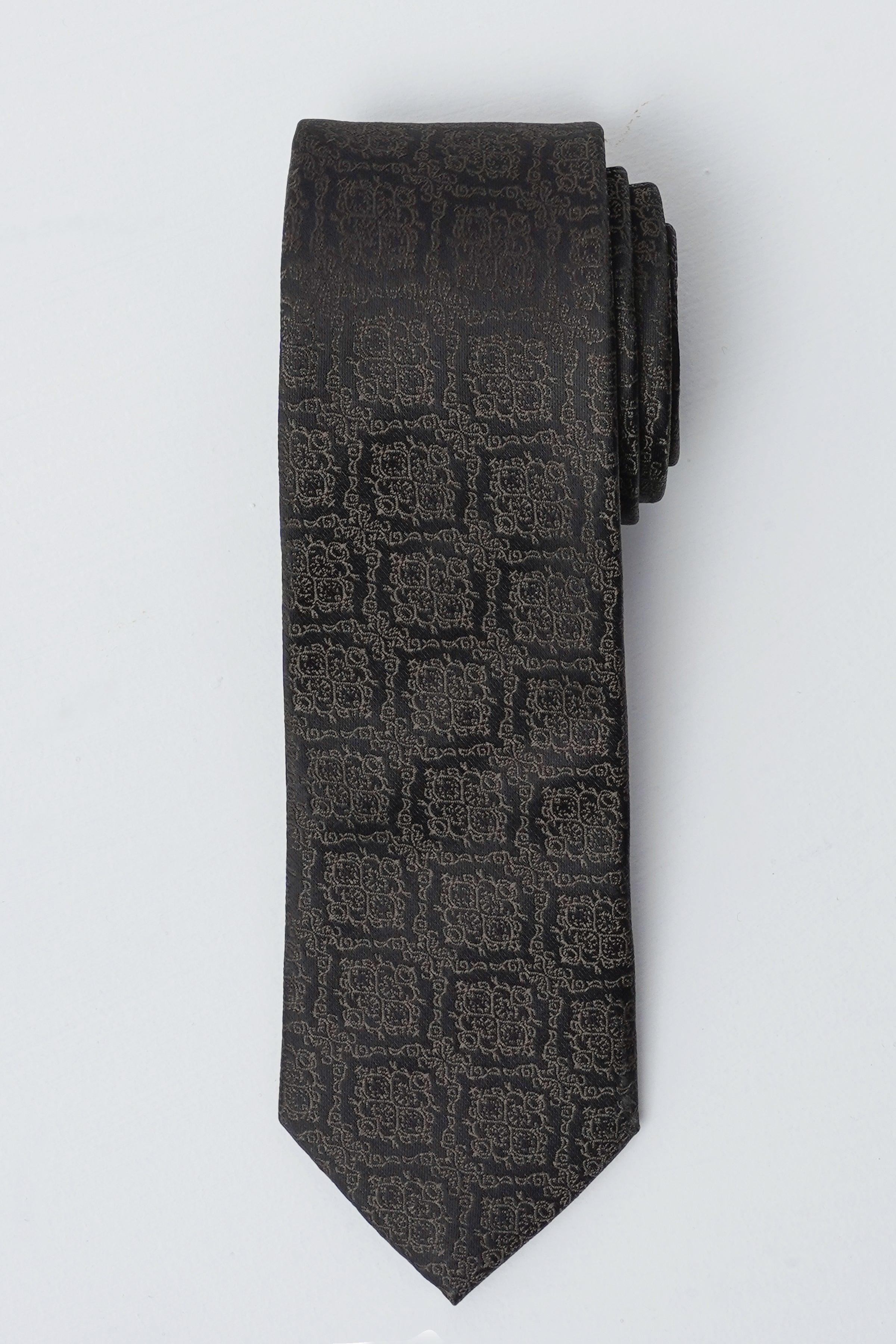 Charcoal poly silk tie with subtle patterned texture, narrow pointed end