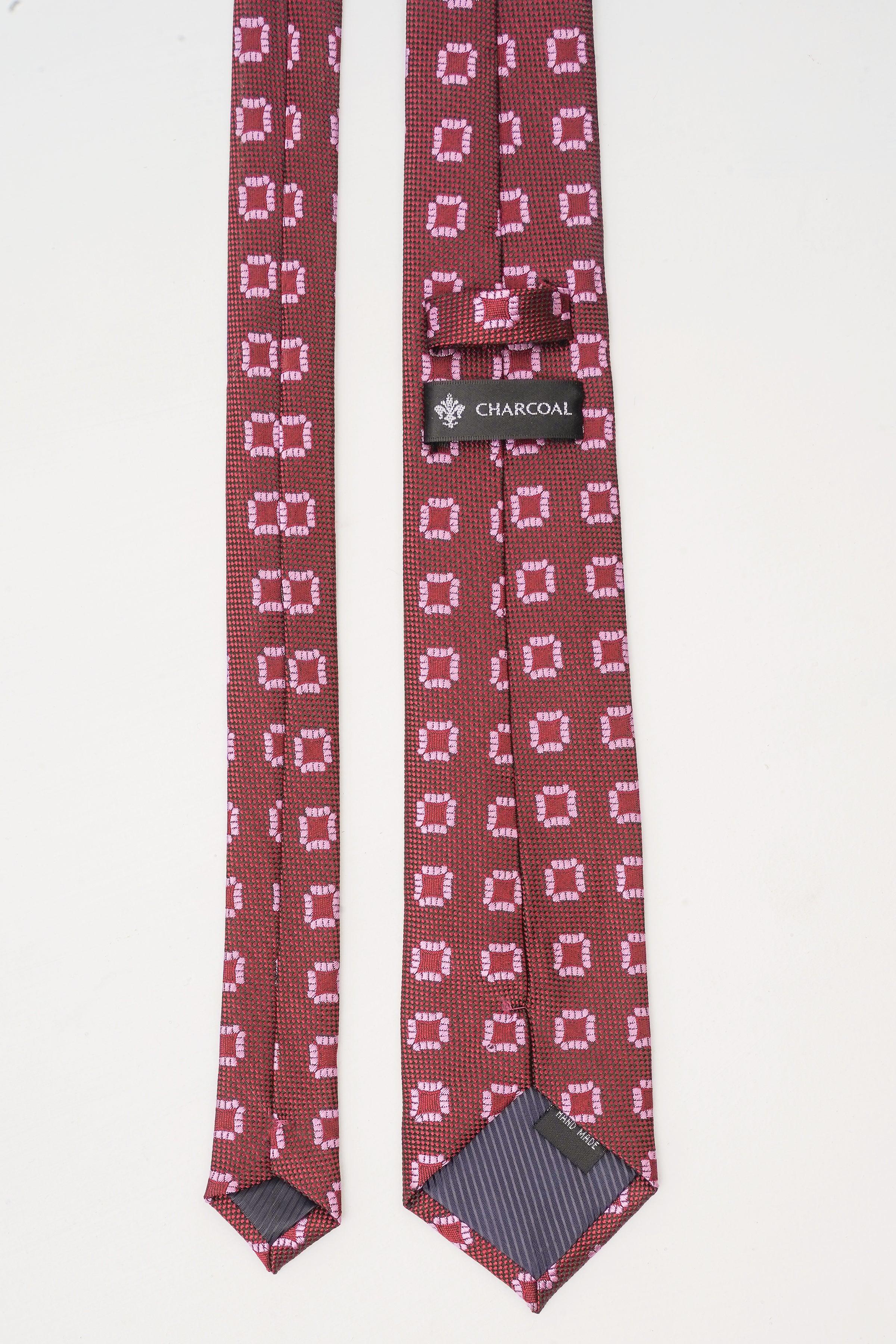 Poly silk tie dark red with square motif and Charcoal label