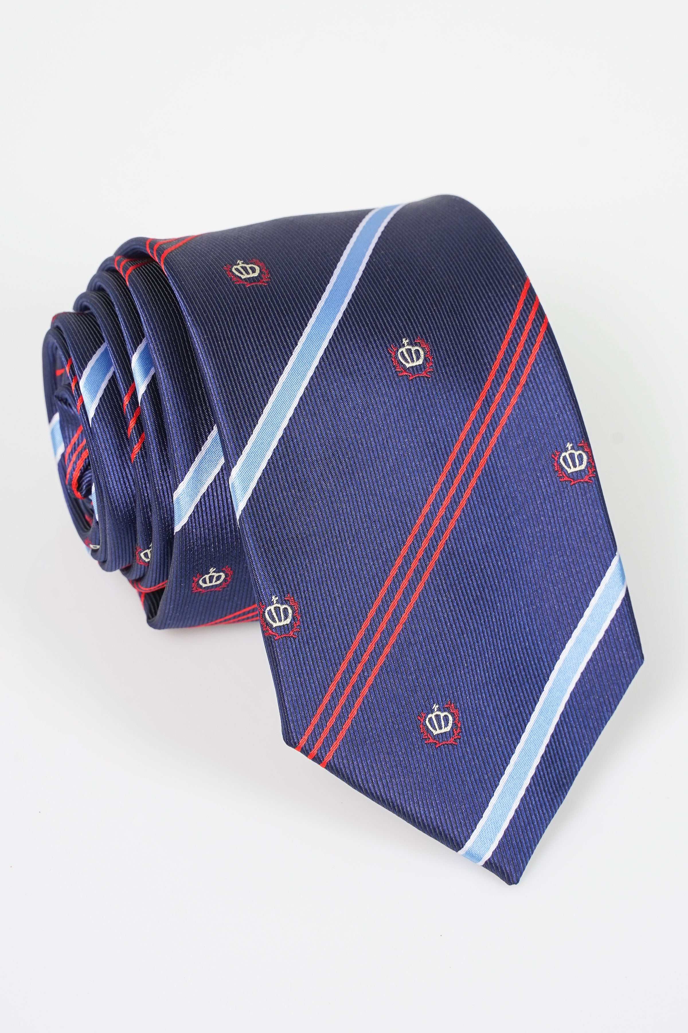 Navy poly silk tie with light blue diagonal stripe and red accents, small logos