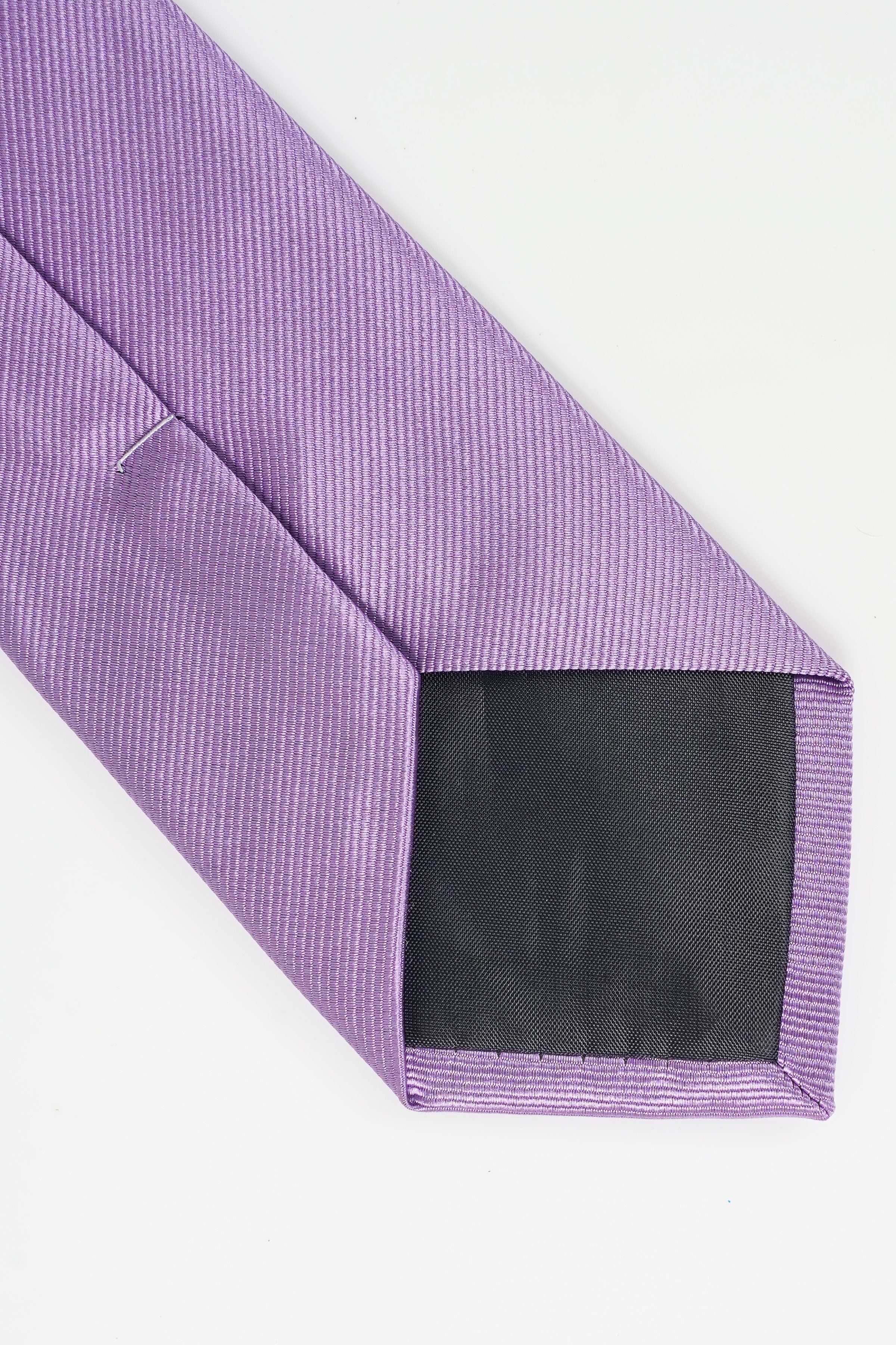 Poly silk tie in light purple with dark black lining at the pointed end