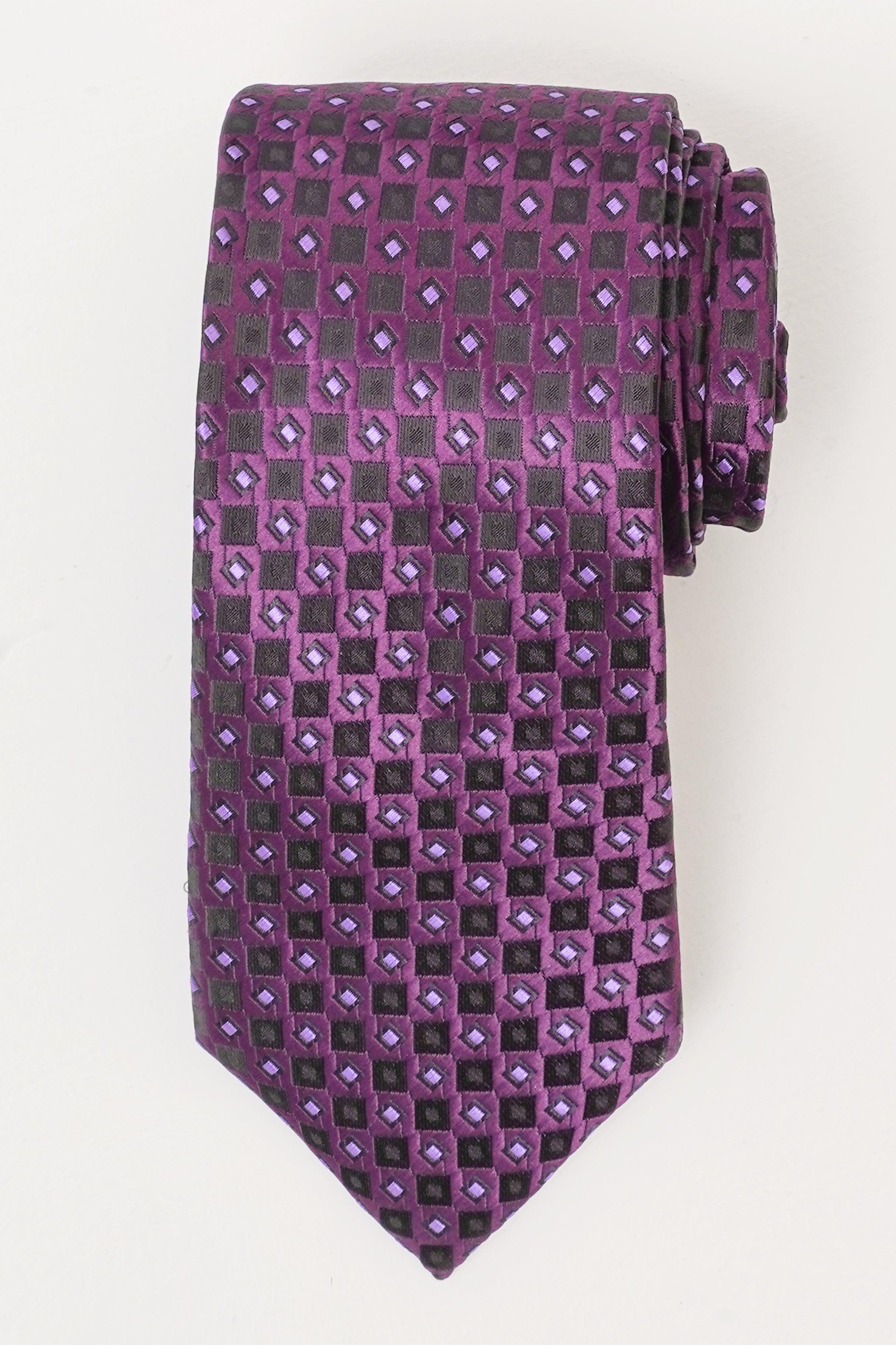 Poly silk tie in dark purple with small geometric square pattern