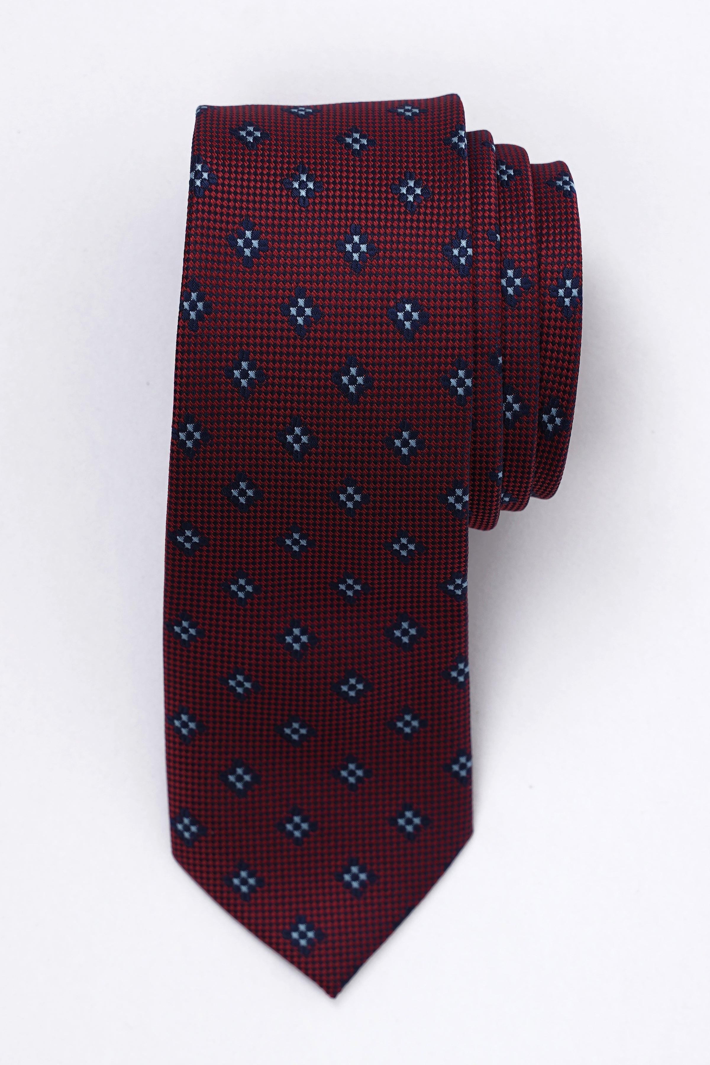 Poly silk tie in burgundy with navy geometric dot pattern
