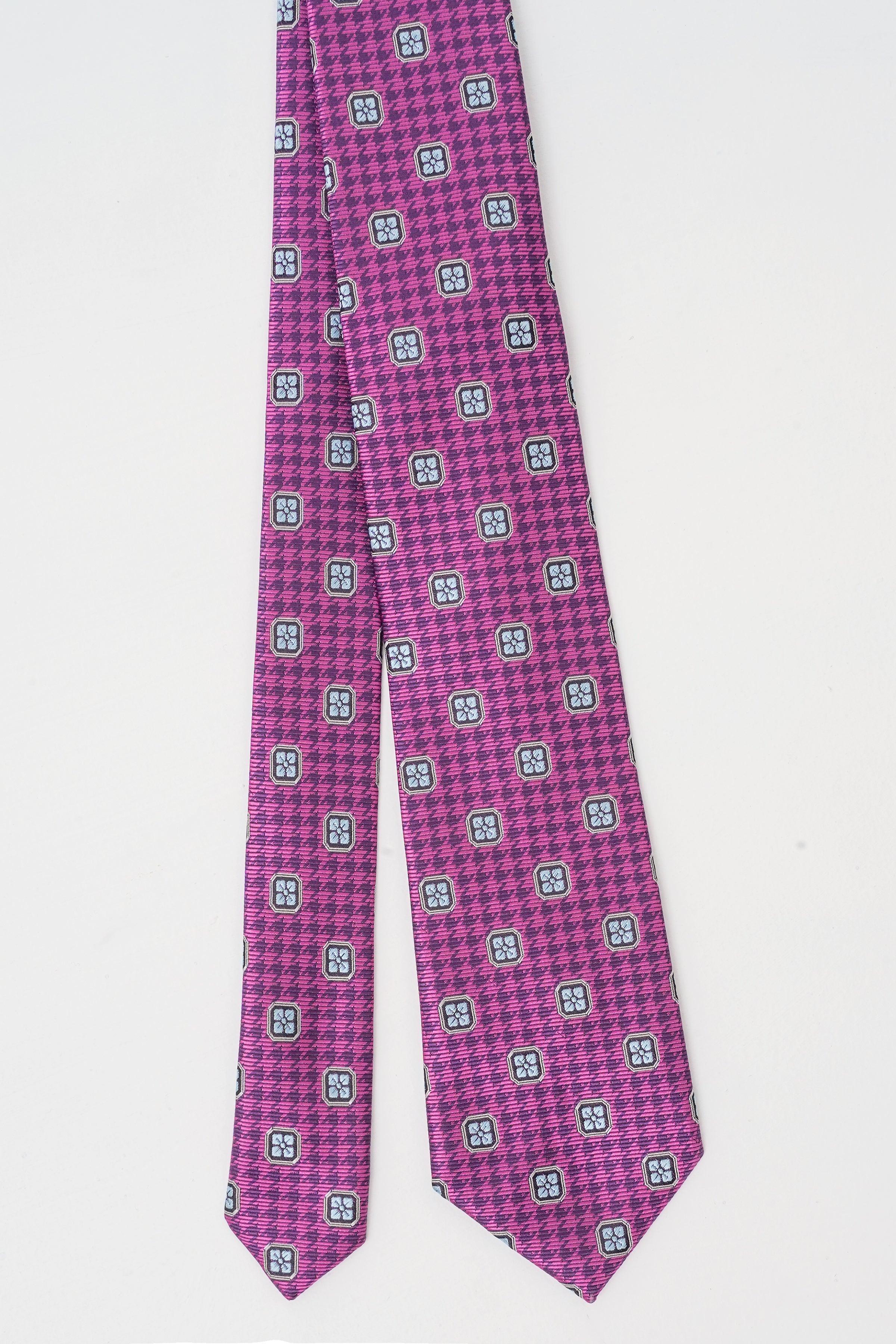 Purple poly silk tie with repeated small square motif pattern